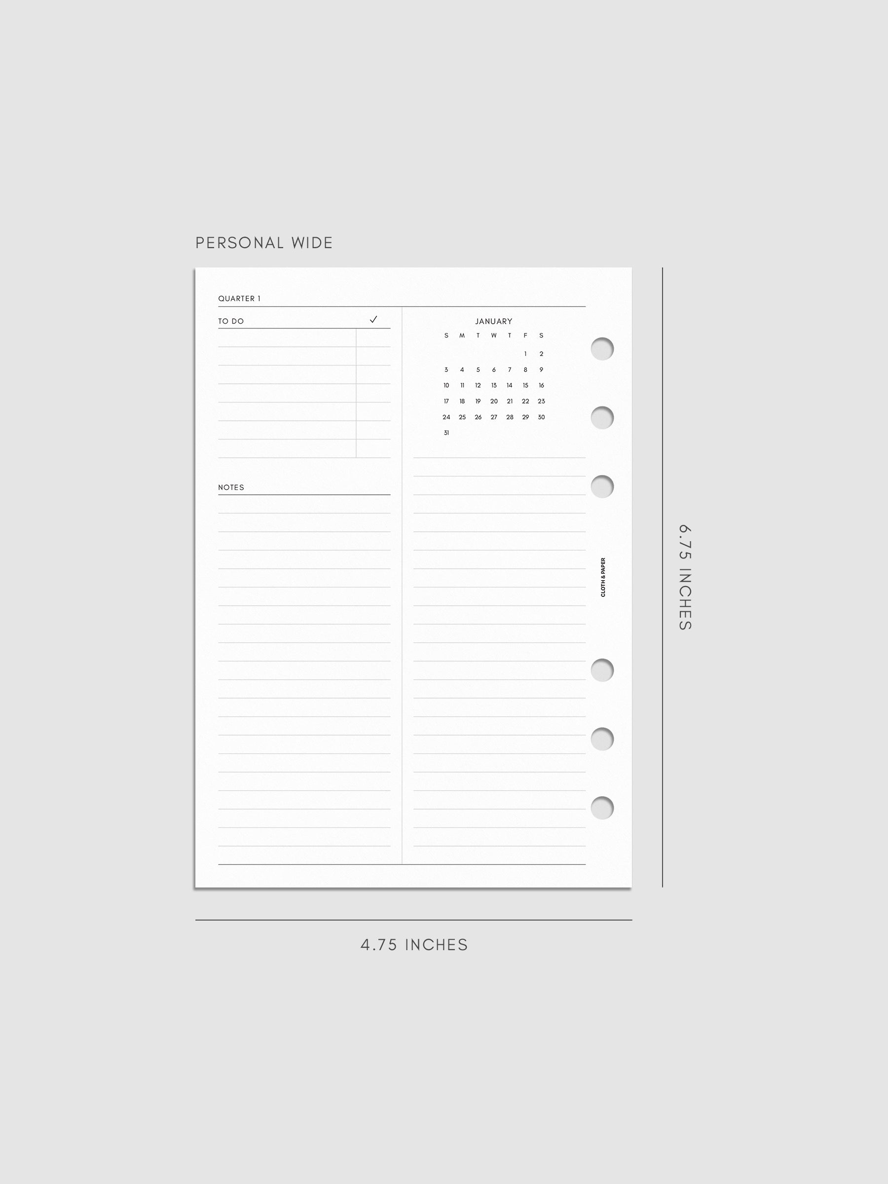 2027 Dated Yearly Overview Planner Inserts Sunday Start, Personal Wide 6-Ring Punch, left page of quarterly spread showing goal-setting, to-do, and notes sections