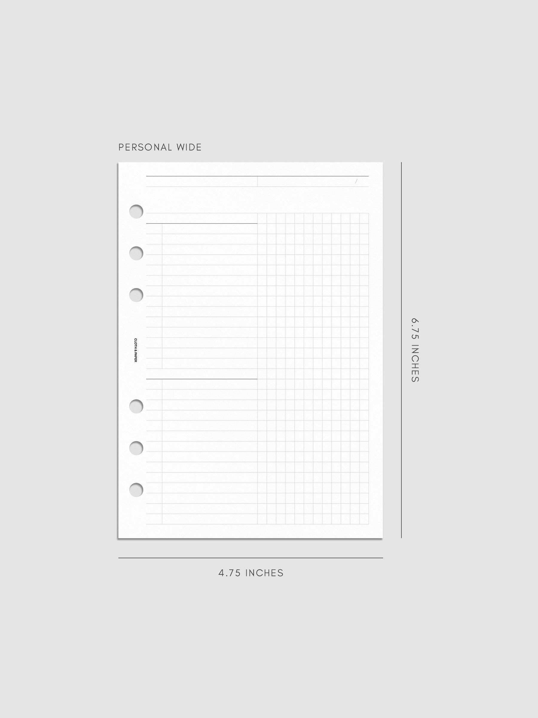 Daily Workflow Planner Inserts, Personal Wide 6-Ring Punch, right page showing large graph notes section