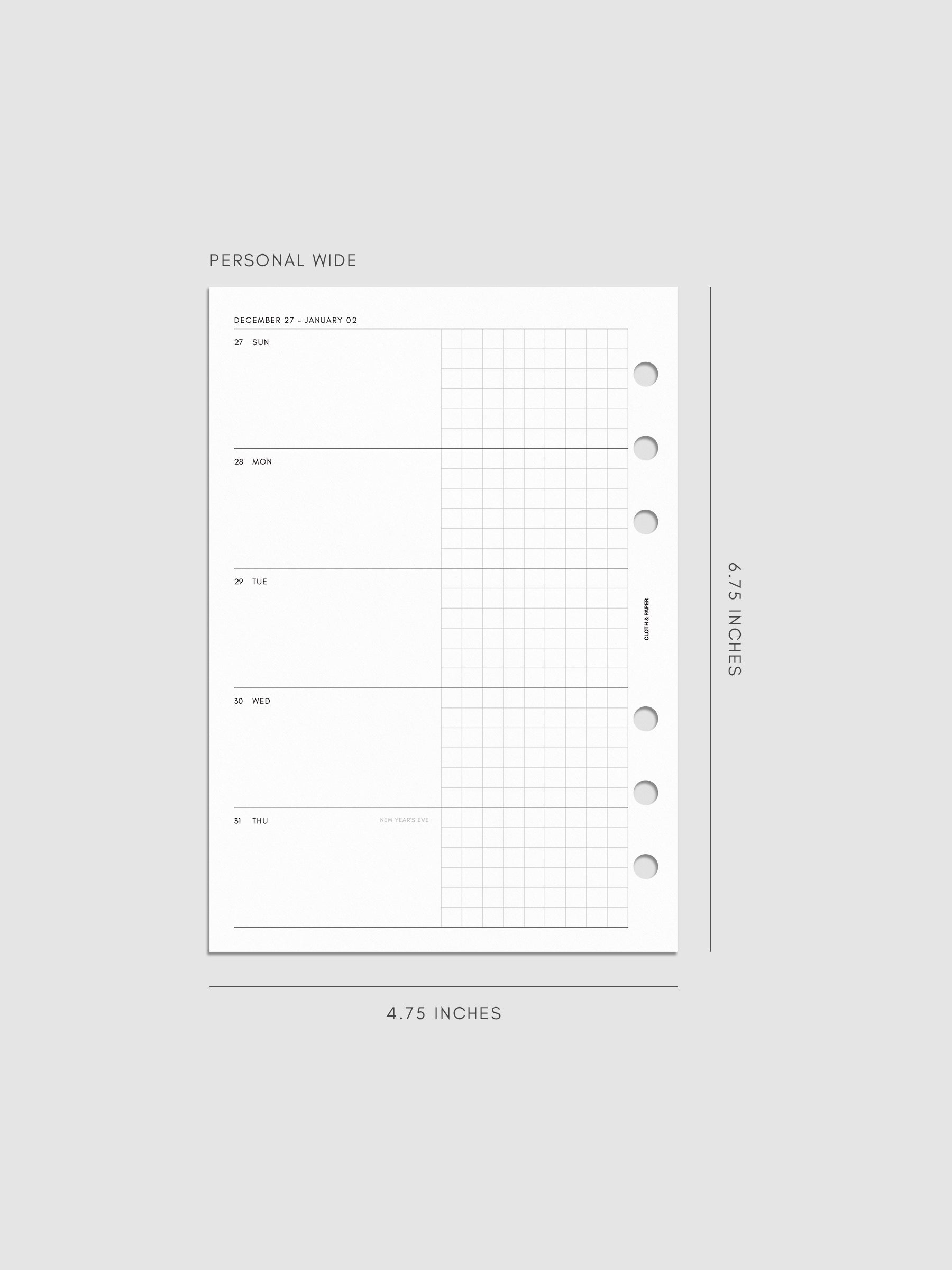 Mockup of the 2027 Dated Weekly Horizontal Planner Inserts | Sunday Start left page shown in size Personal Wide 6-Ring Punch