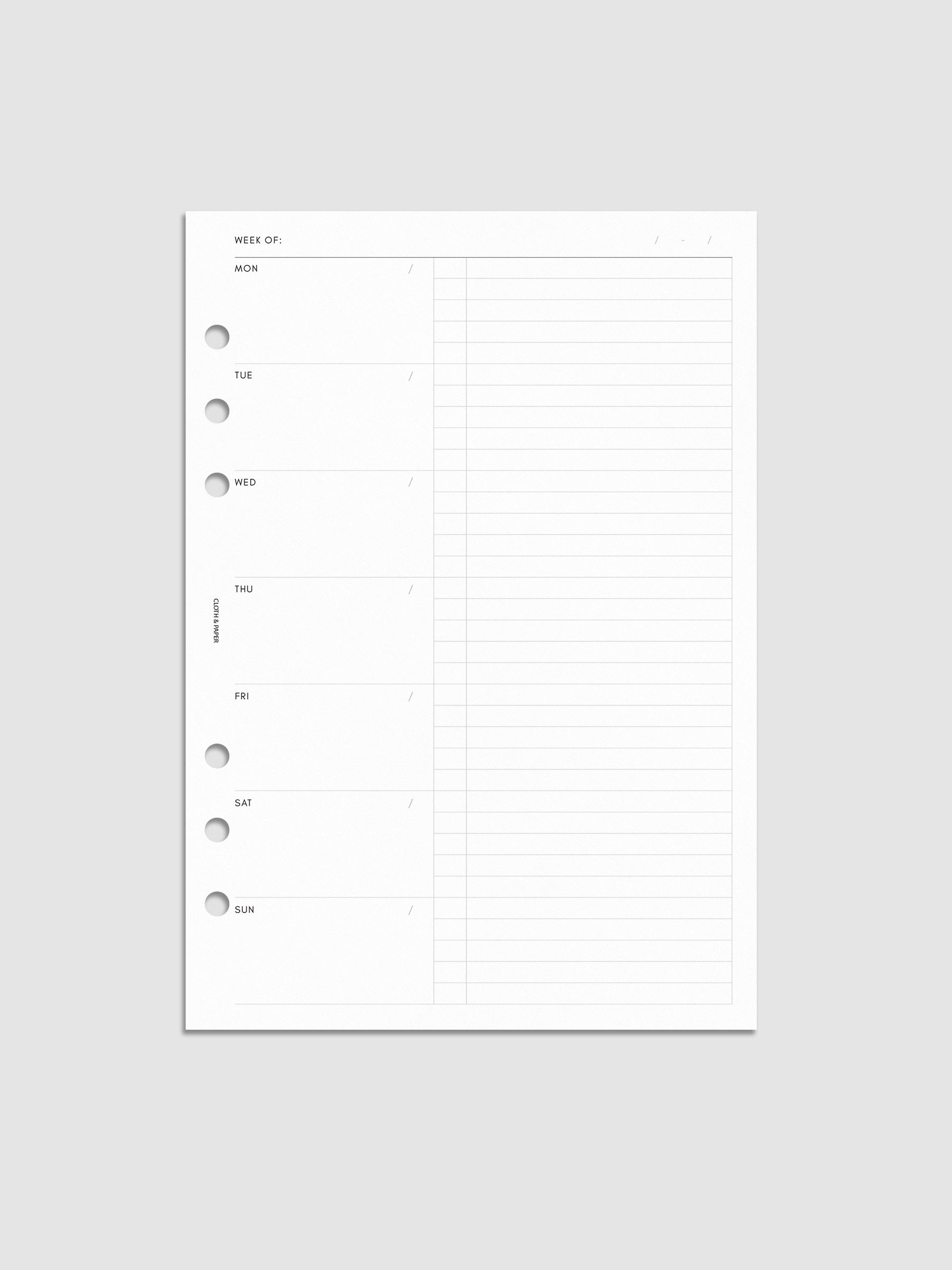 Two column, white planner inserts with rows for each day of the week. The left column is blank and the right column is in task format.