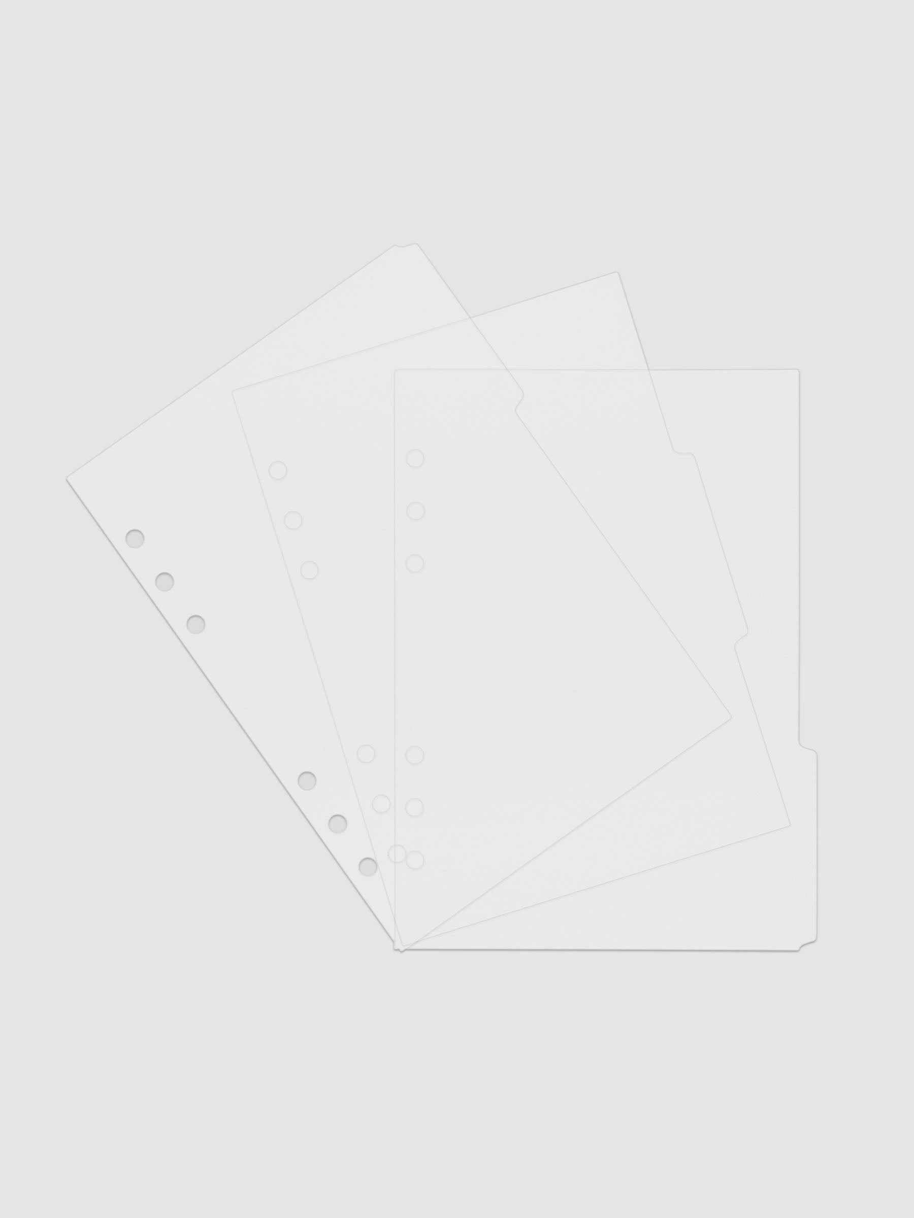 Three 6-ring punch clear side tab dividers sized for A5 planners.