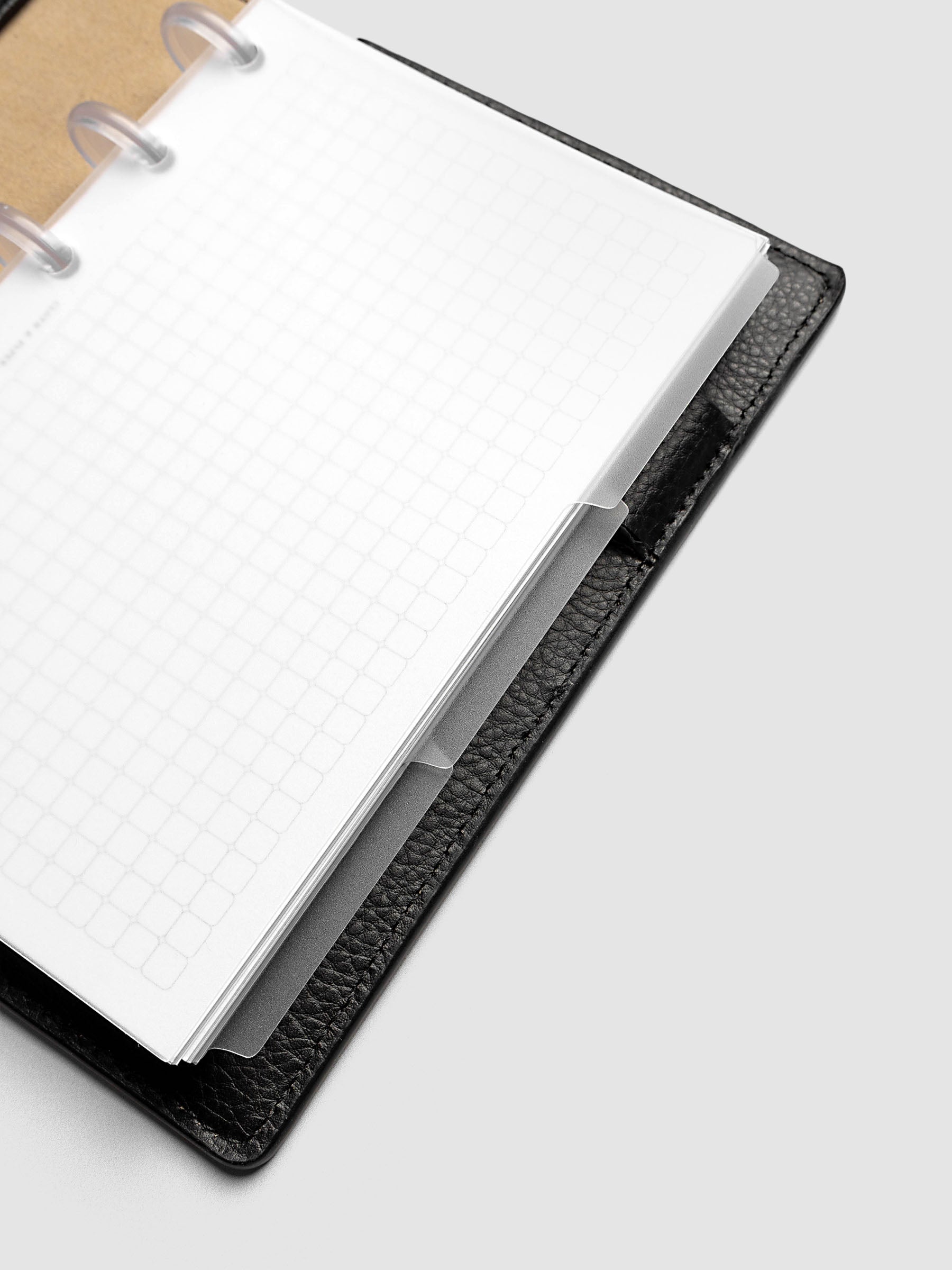 Blank, transparent side tab divider set shown in a CP Petite planner.