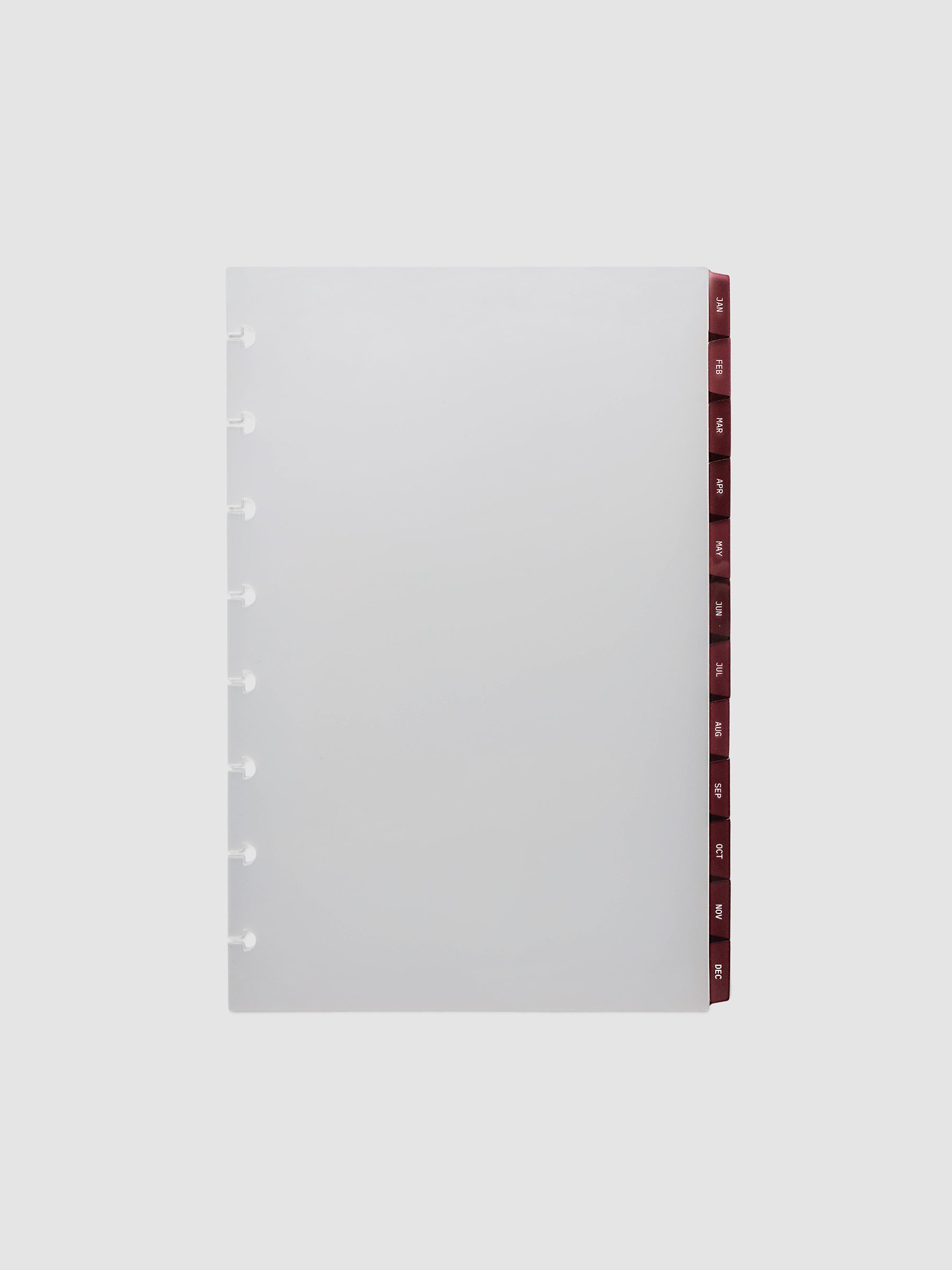 Half Letter 8-Disc Punch Ultra-Thin Monthly Dividers in deep red, set of 12 dividers fanned to show all months