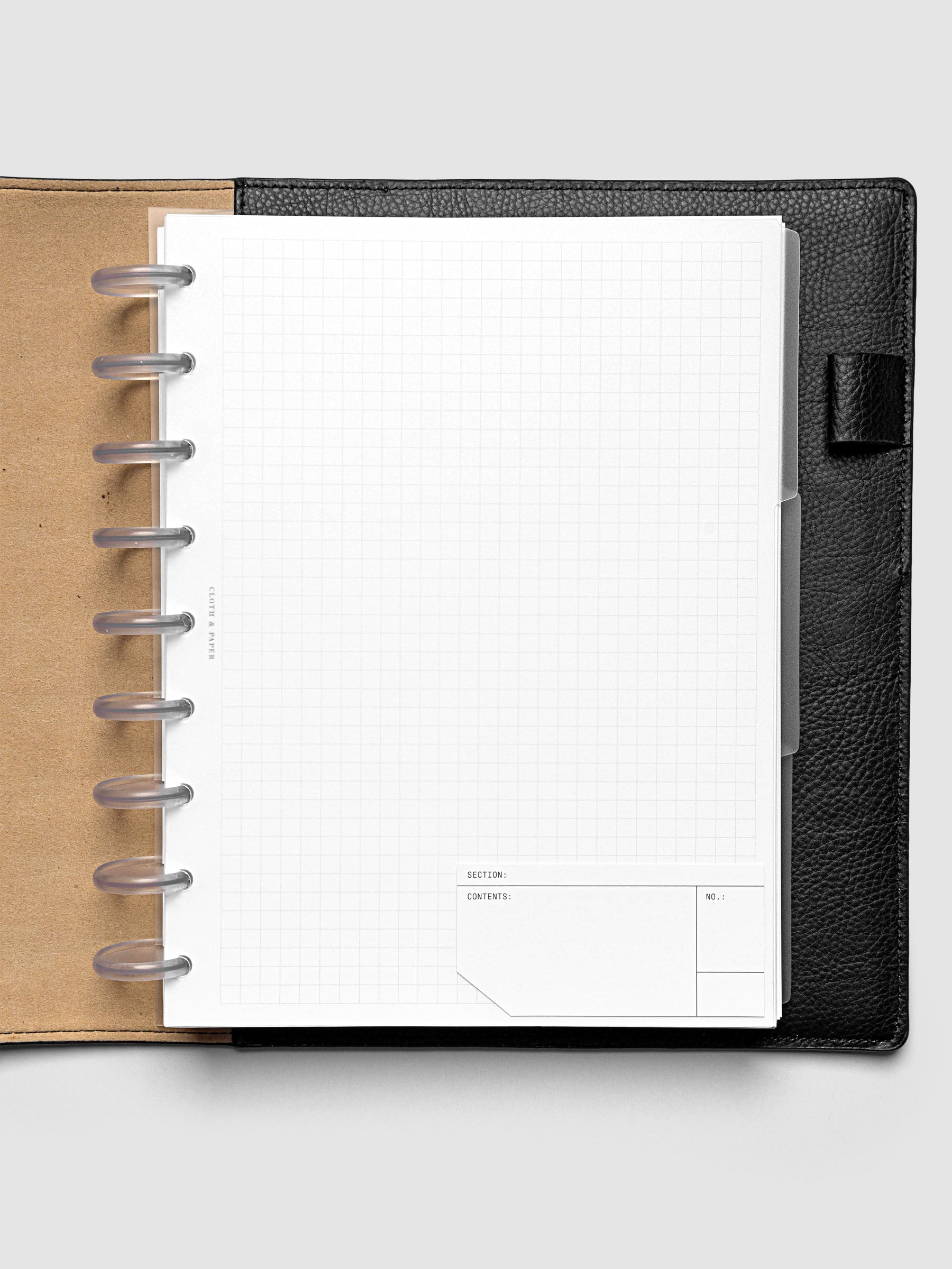 Clear side tab dividers sized for HP Classic planners shown in use with a blank label with headers section, content, and no.