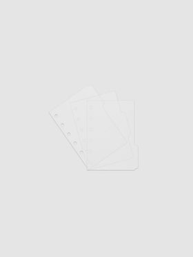 Three 6-ring punch clear side tab dividers sized for Pocket planners.