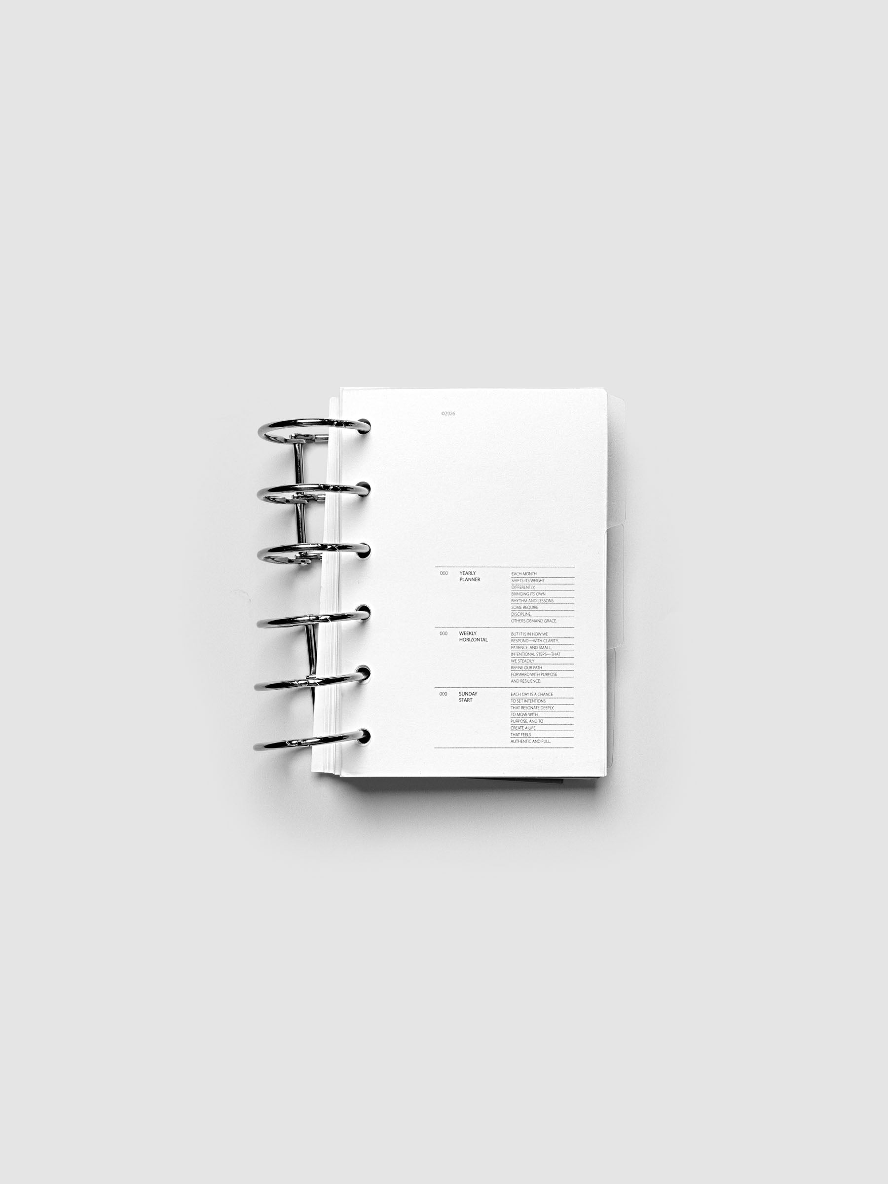 Blank, transparent side tab divider set shown in a Pocket planner.
