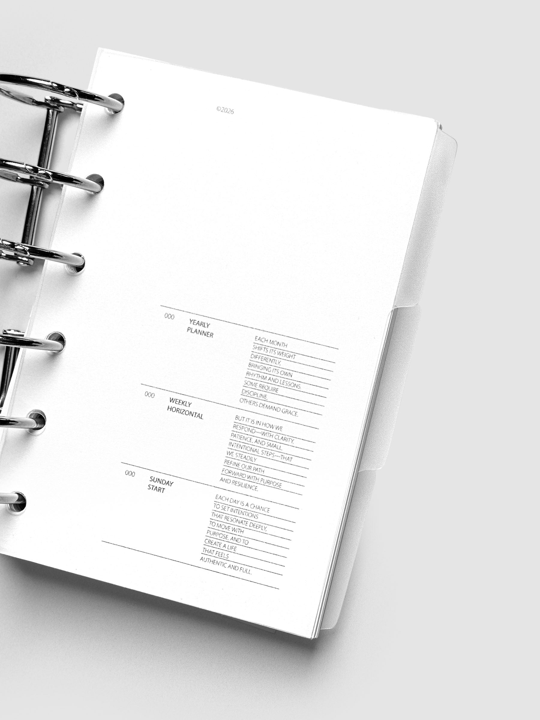 Blank, transparent side tab divider set shown in a Pocket planner.