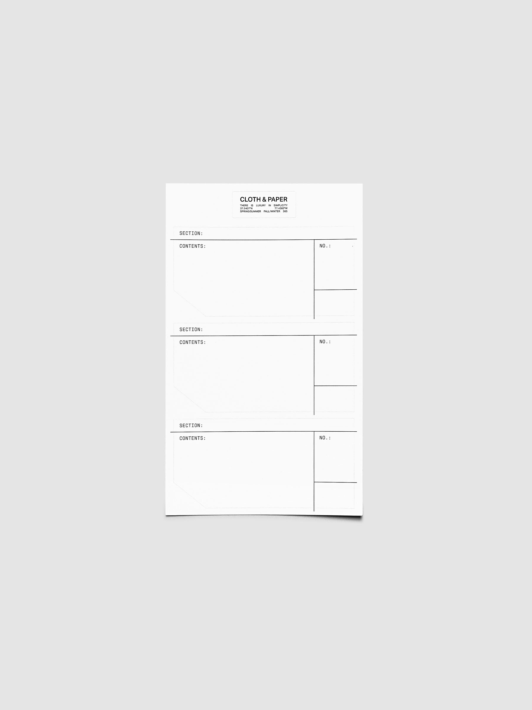 One large sheet of label stickers with headers for section, contents, and number.