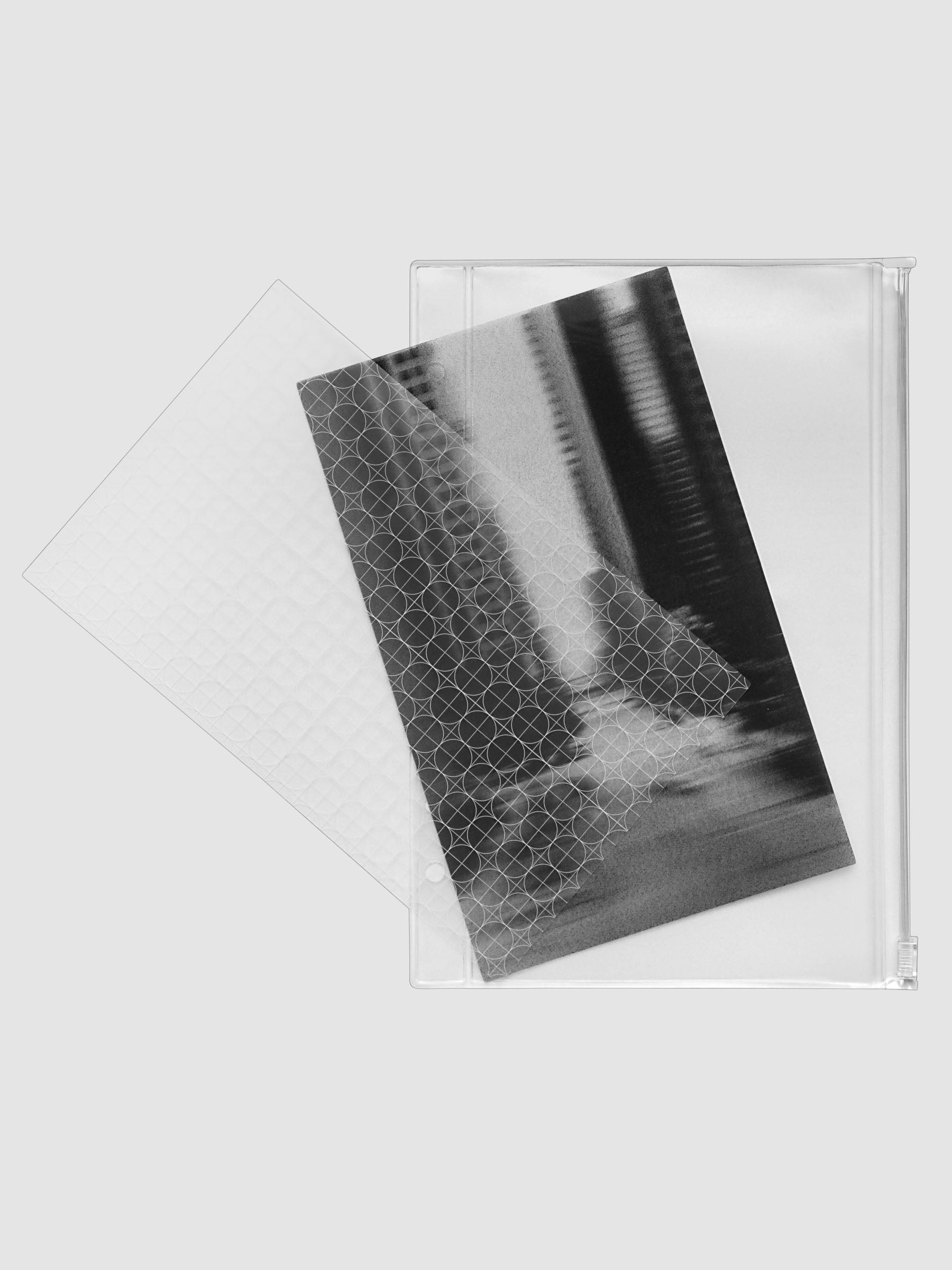 One transparent graph overlay, one black and clear abstract photo overlay, and one clear pre-punched zippered pouch for planners. Shown in size A5.