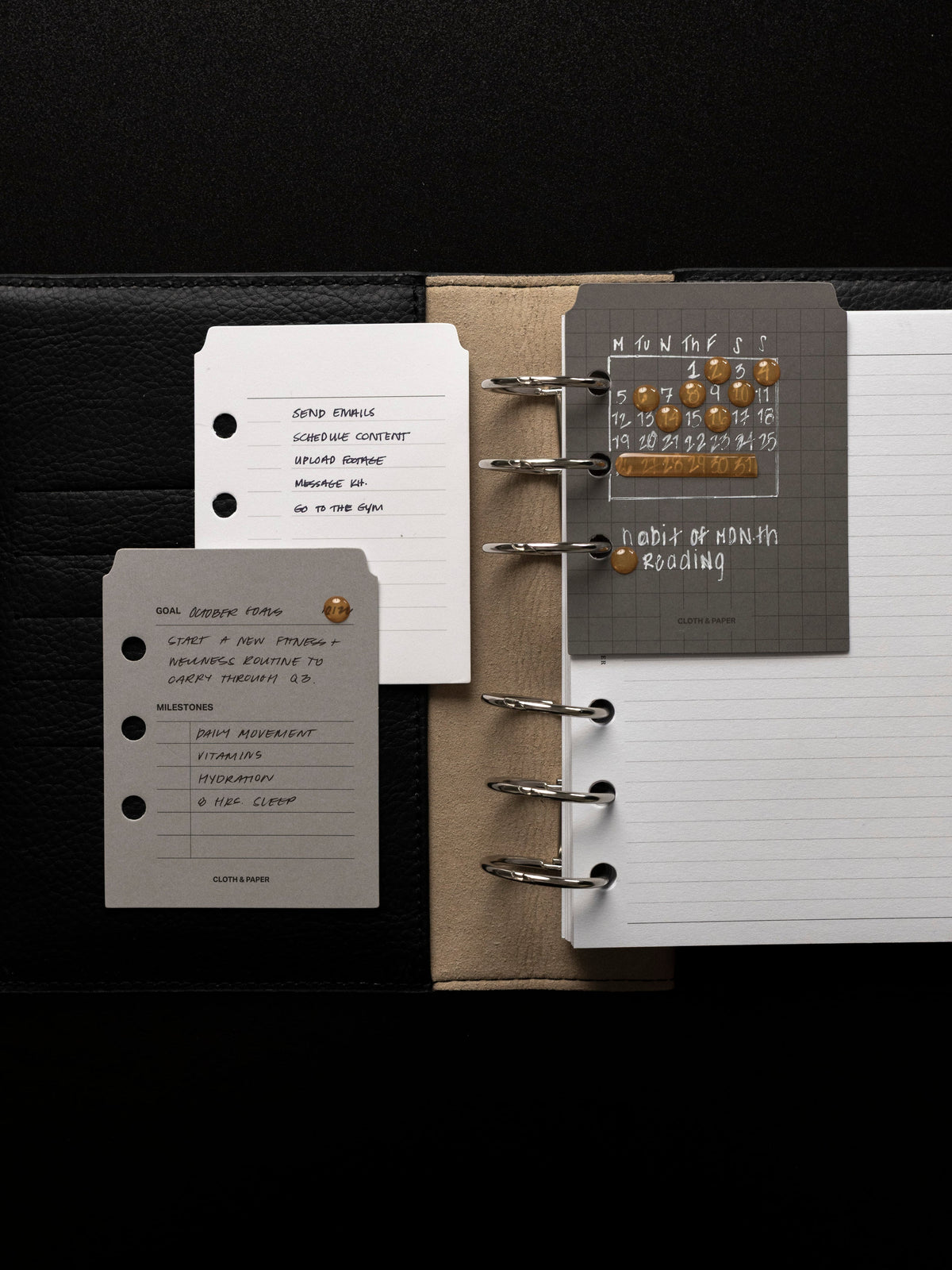 White task and light gray milestone Alignment Page Markers written in by hand on the rings of a black planner, beside a dark gray graph marker filled with gold raised stickers, on a black leather surface.