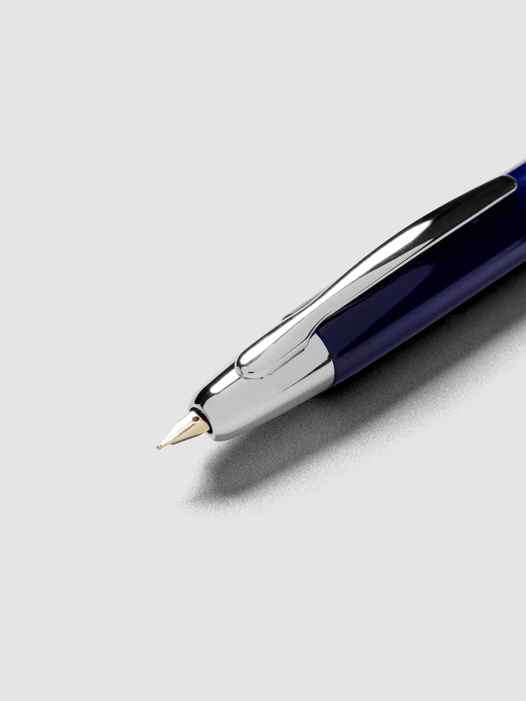 Blue Rhodium Pilot Vanishing Point Fountain Pen close up of nib.