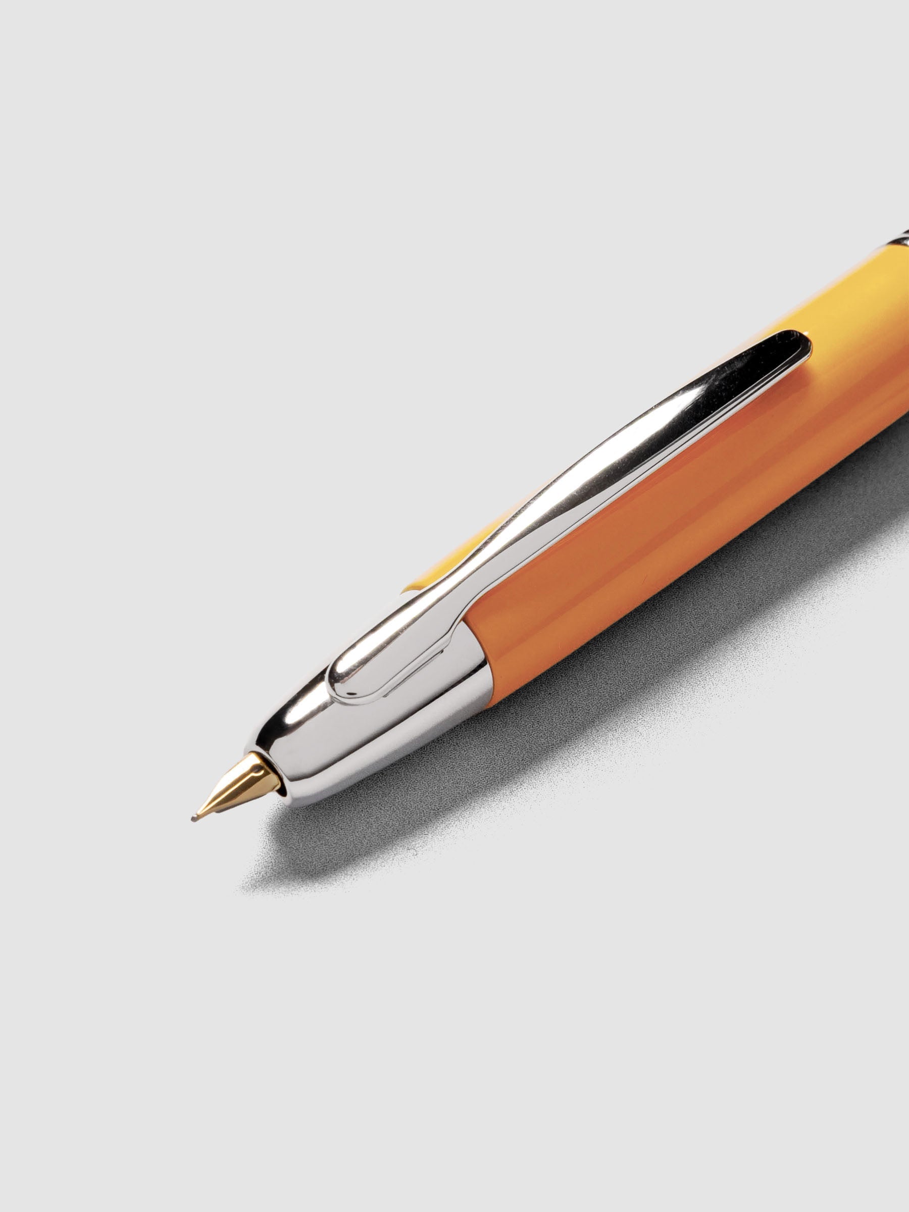 Yellow Rhodium Pilot Vanishing Point Fountain Pen close up of nib.