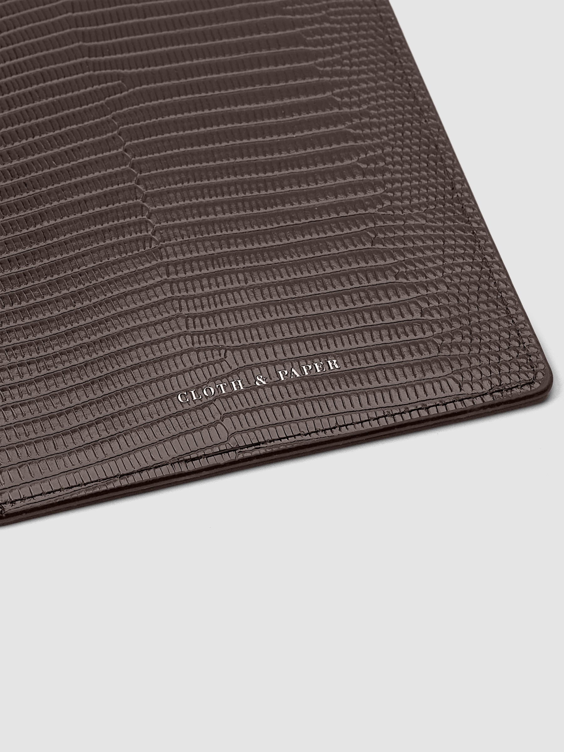 Vegan Leather Folio Cover | Lizard in Espresso (brown) size CP Petite shown close up and open displaying Cloth & paper logo.