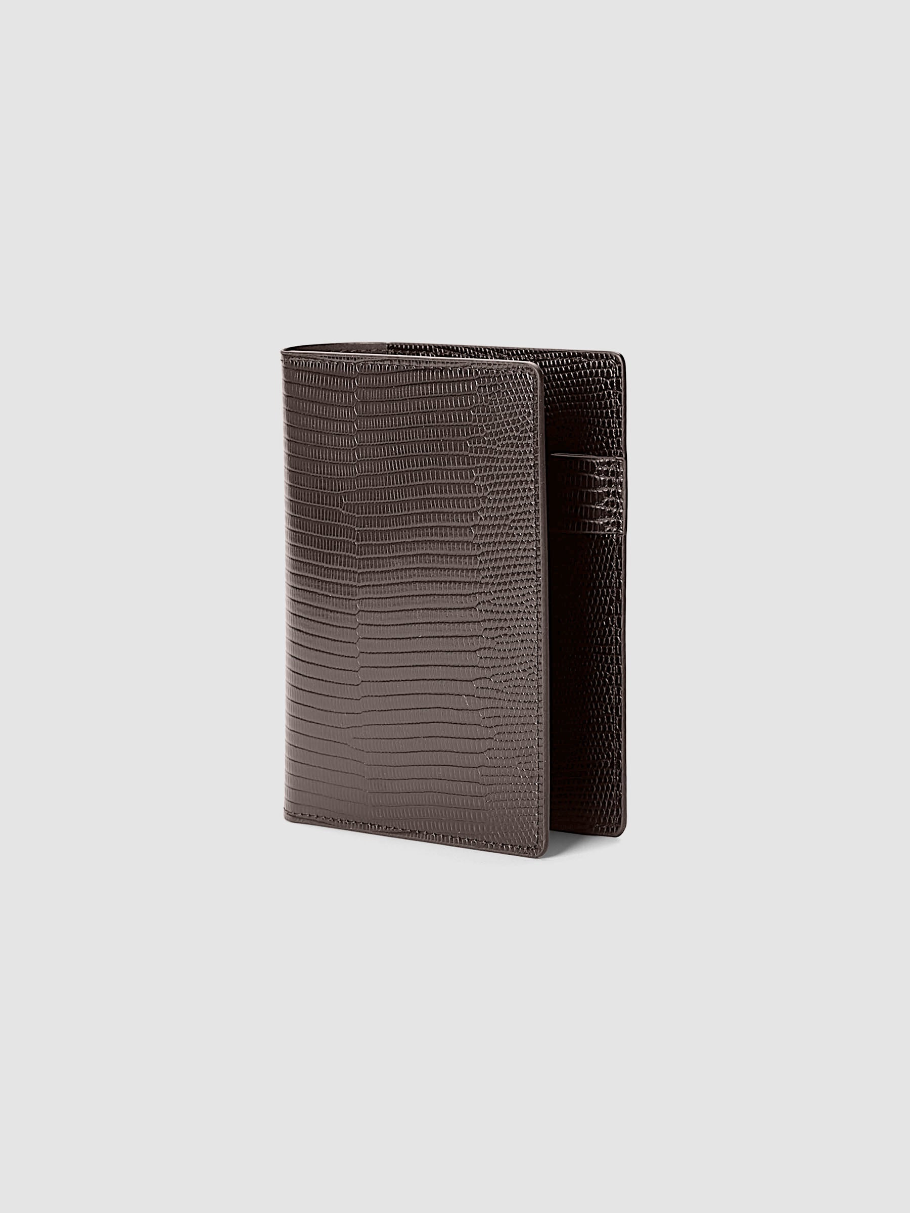 Vegan Leather Folio Cover | Lizard in Espresso (brown) size CP Petite shown closed from the front at an agle.