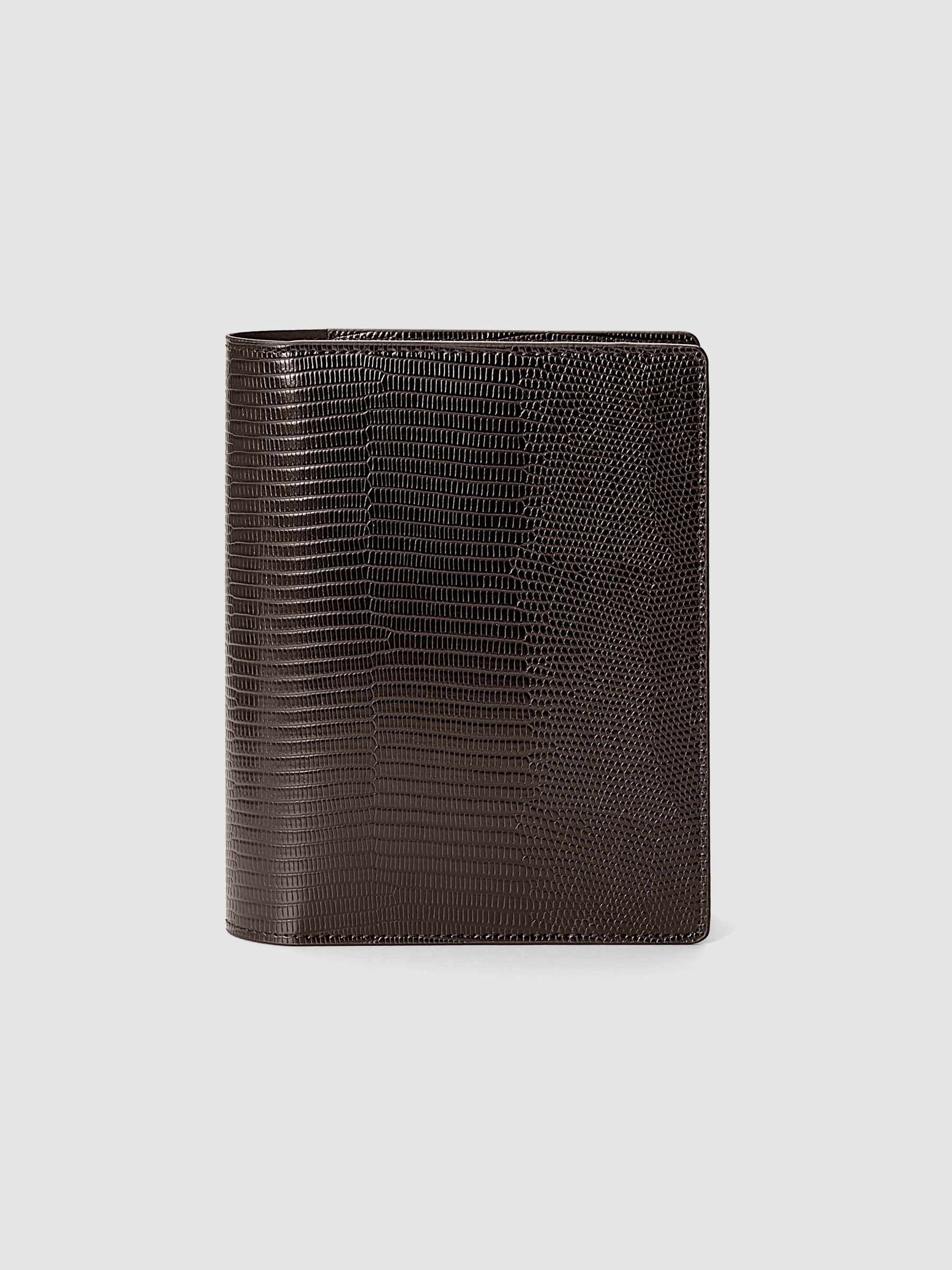 Vegan Leather Folio Cover | Lizard in Espresso (brown) size Small shown closed from the front.