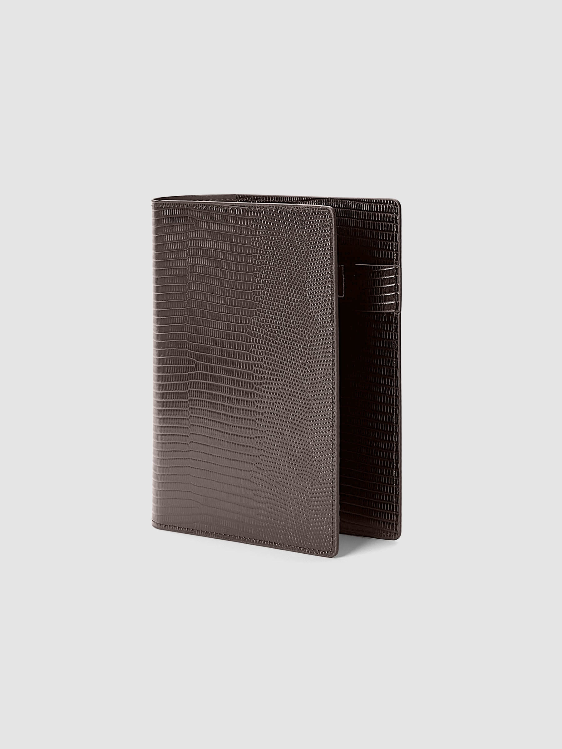Vegan Leather Folio Cover | Lizard in Espresso (brown) size Small shown closed from the front at an angle.