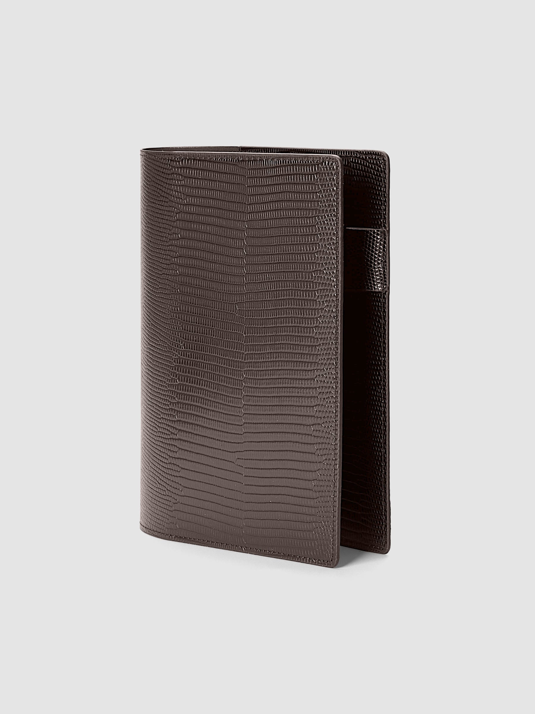Vegan Leather Folio Cover | Lizard in Espresso (brown) size Large shown closed from the front at an angle.