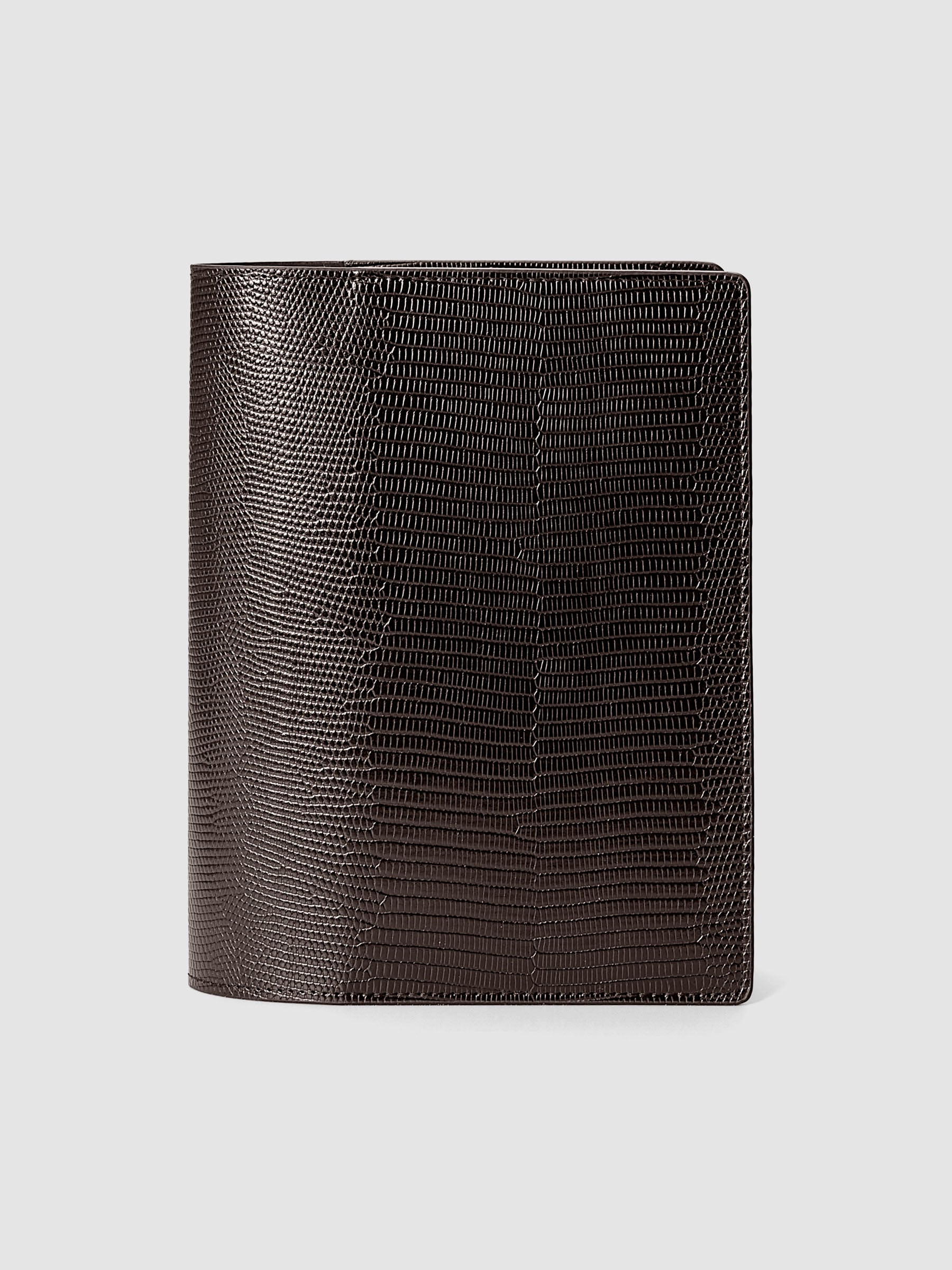 Vegan Leather Folio Cover | Lizard in Espresso (brown) size Large shown closed from the front.