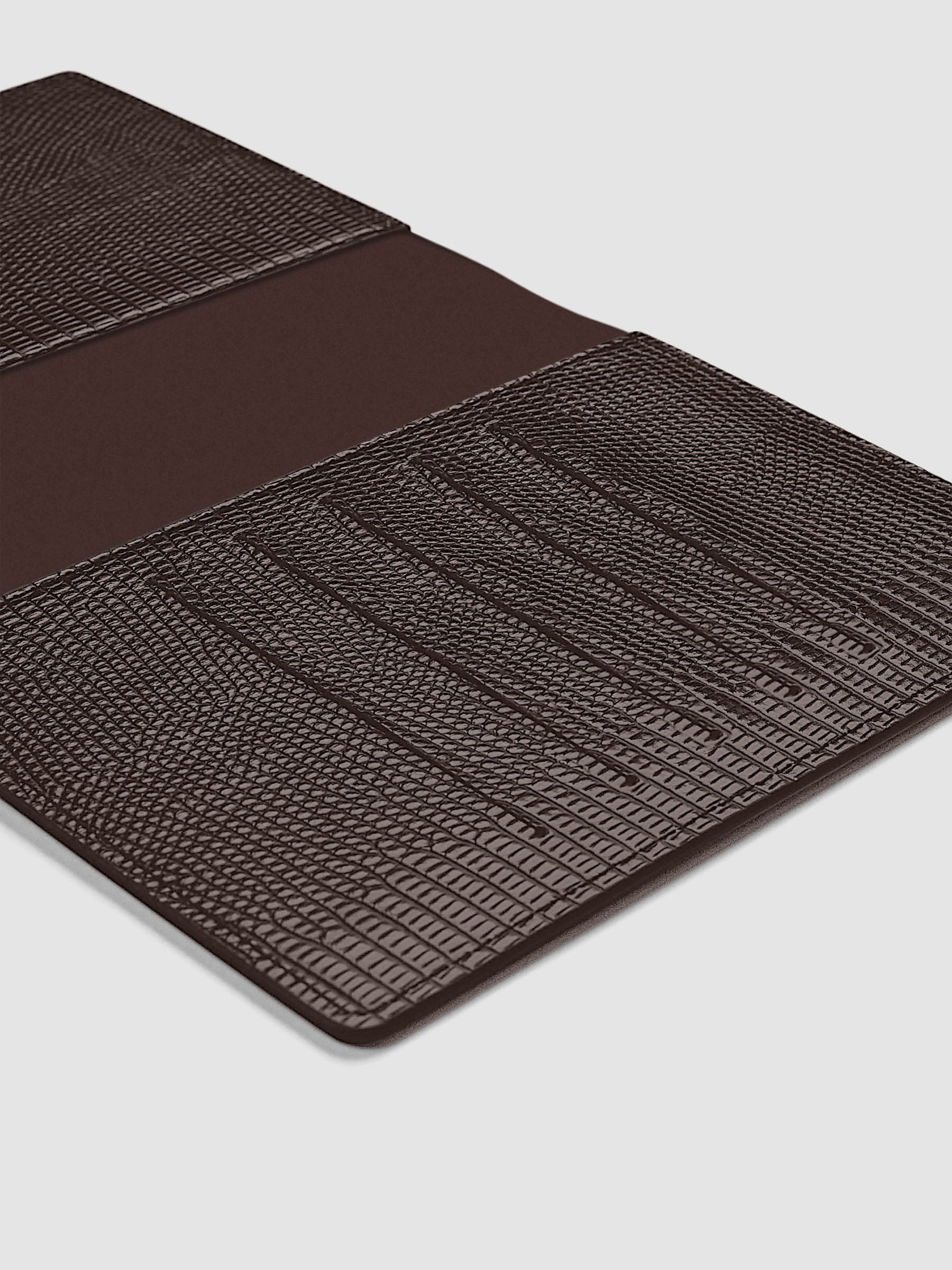 Vegan Leather Folio Cover | Lizard in Espresso (brown) size CP Petite shown open displaying credit card slots.
