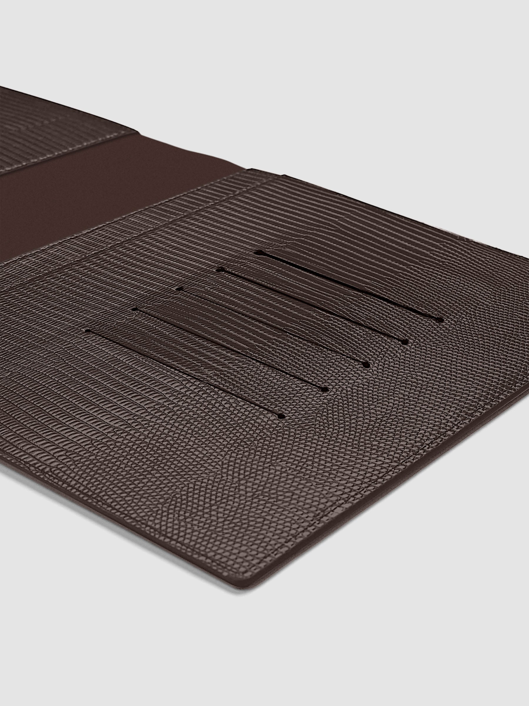 Vegan Leather Folio Cover | Lizard in Espresso (brown) size HP Classic shown open displaying credit card slots.