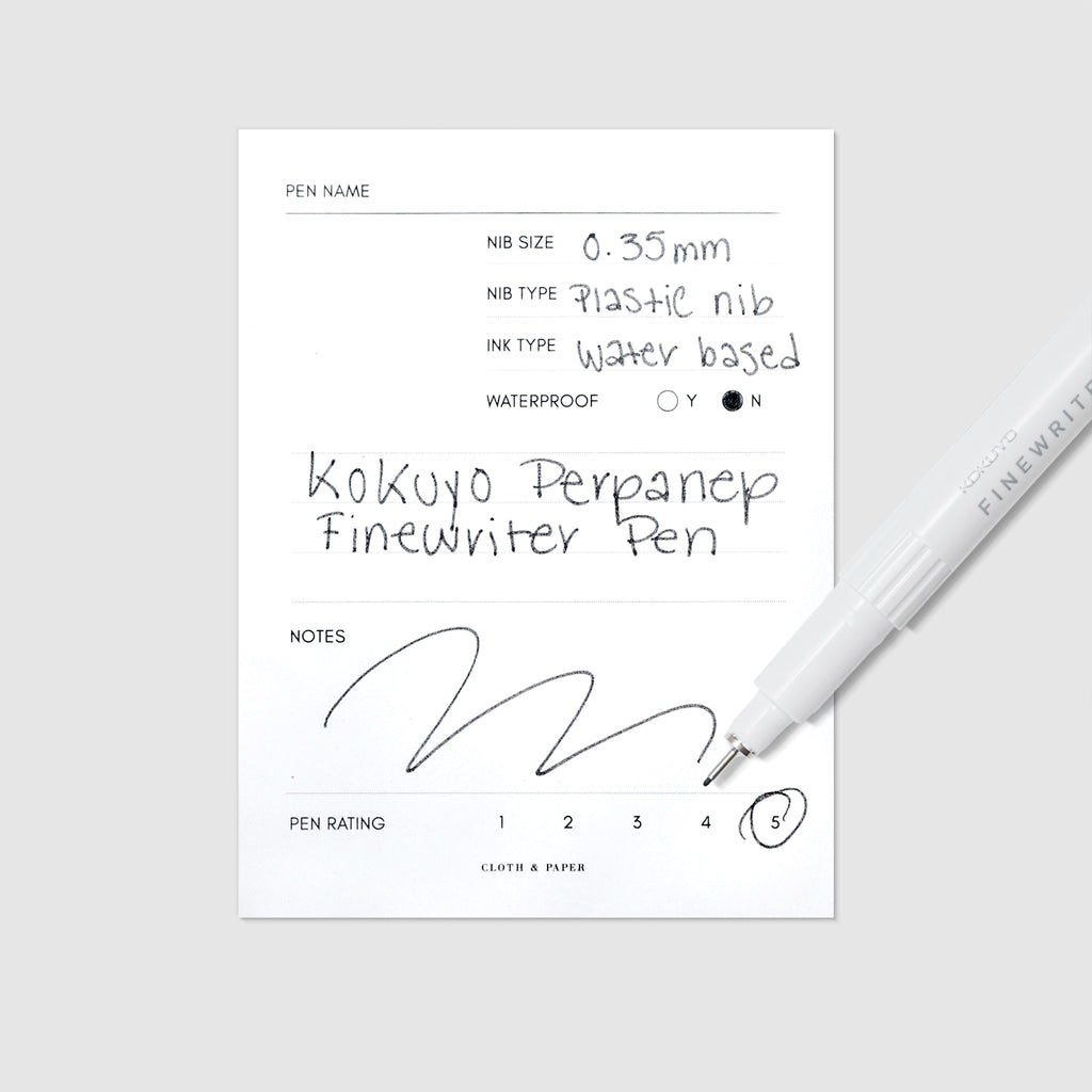 Kokuyo Perpanep Finewriter Pen, 0.35 mm, Black, Cloth and Paper. White pen with cap off tilted slightly to the left, overlapping a sample writing sheet against a white background. Sample sheet displays black ink writing describing pen features.
