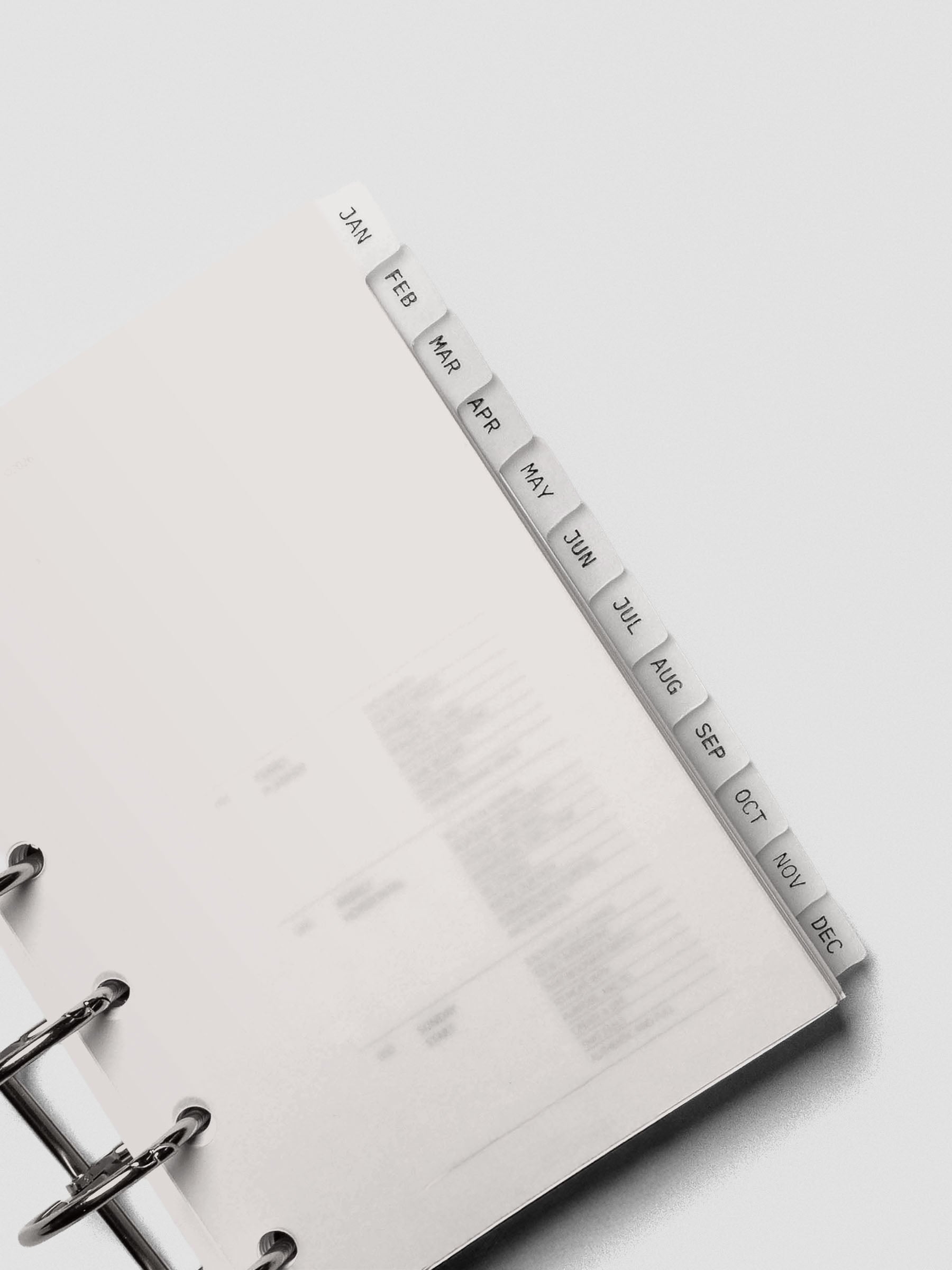 Close up of pocket vellum dividers shown at an angle bound with rings.