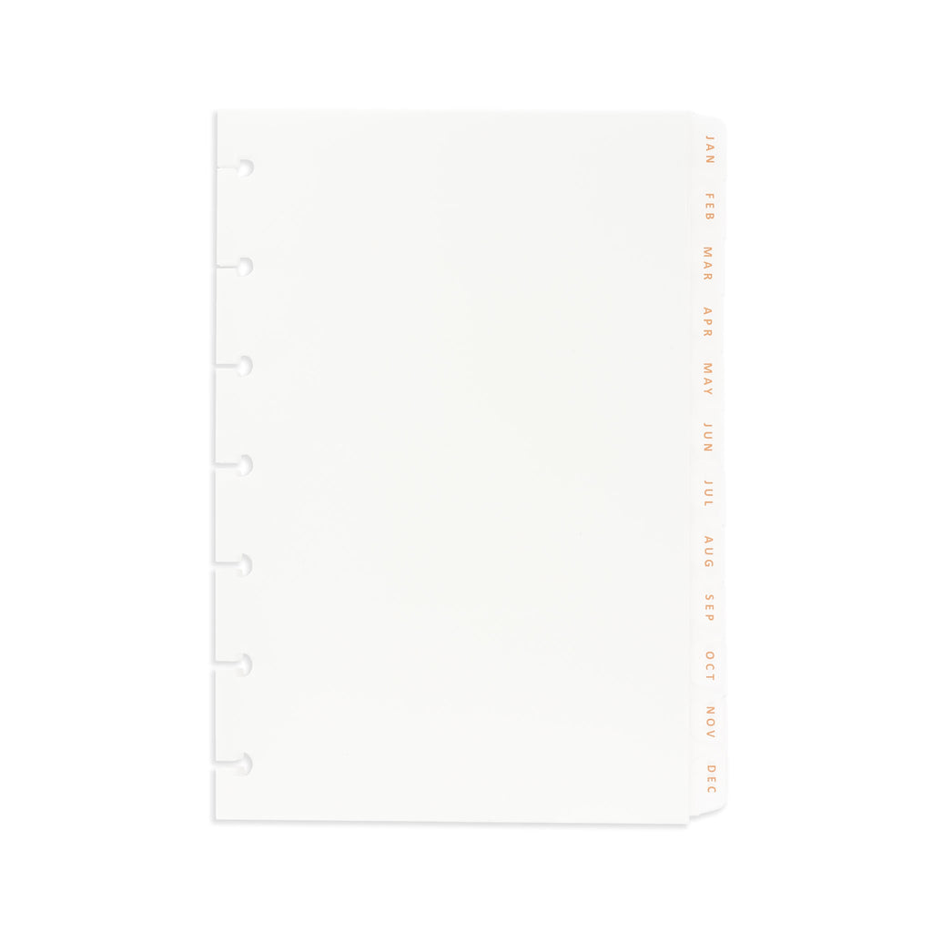 Monthly Side Tab Planner Dividers with fossil foil finish displayed on a white background. Size pictured is Half Letter.