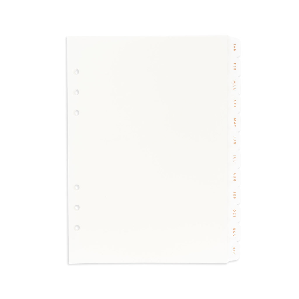 Monthly Side Tab Planner Dividers with fossil foil finish displayed on a white background. Size pictured is A5.