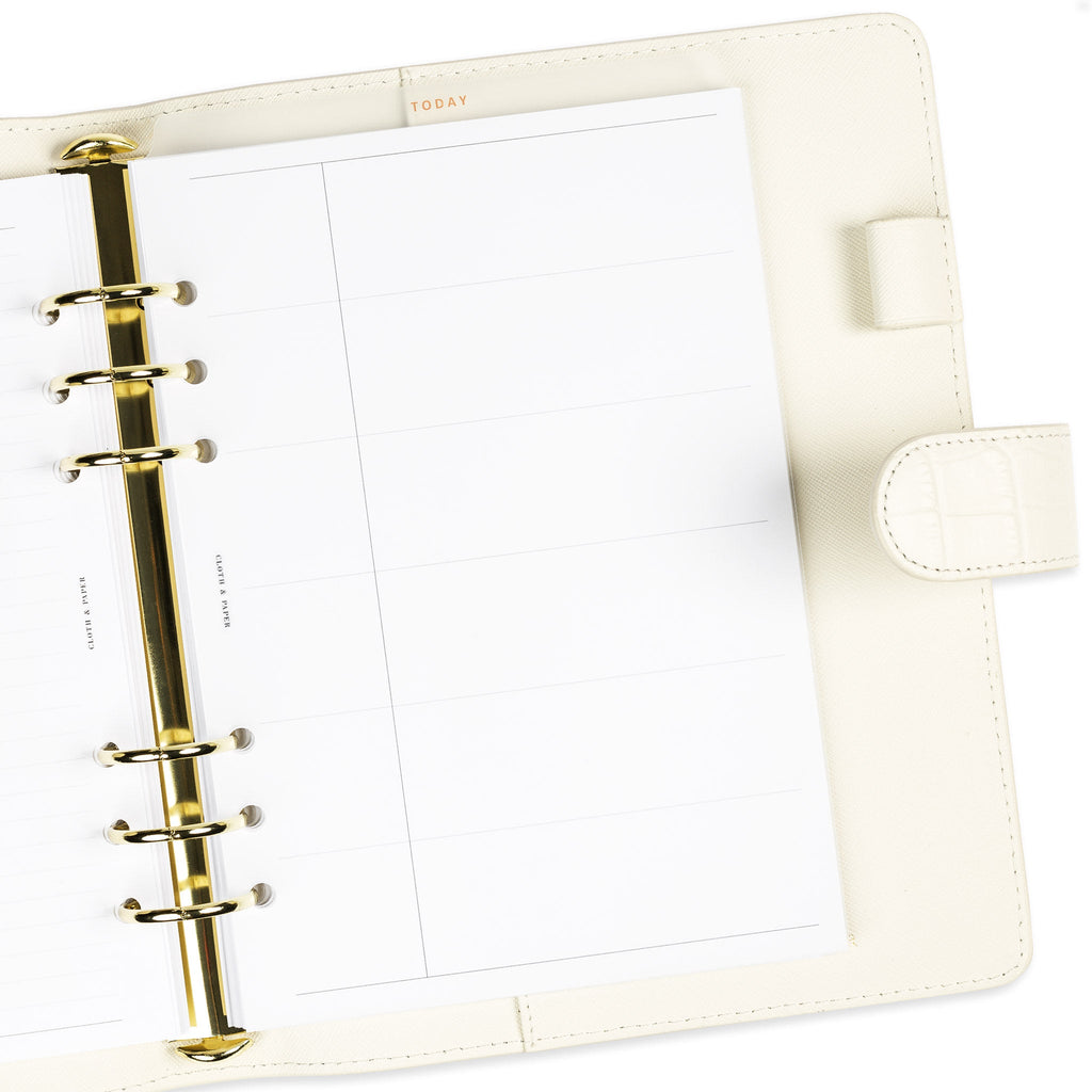 Today tab divider in use inside a white leather 6-ring planner agenda. 