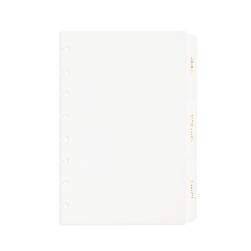 Side tab dividers with fossil text displayed on a white background. Pictured size is half letter discbound.