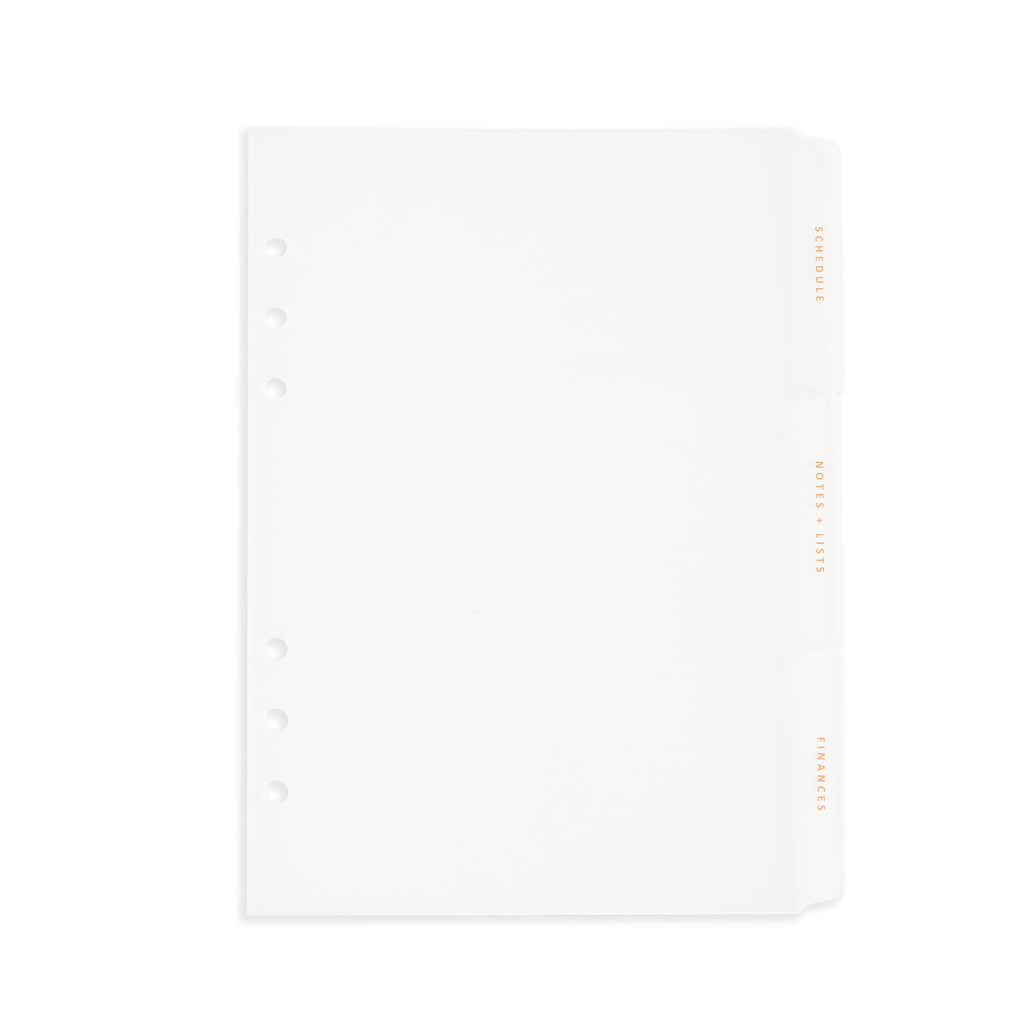 Side tab dividers with fossil text displayed on a white background. Pictured size is A5 6-ring.