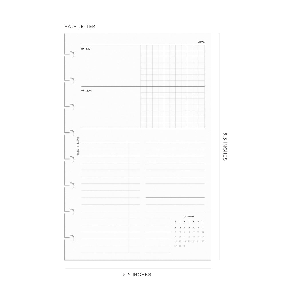 Digital mockup of 2024 Dated Planner Inserts | Horizontal Weekly. Size shown is Half Letter.