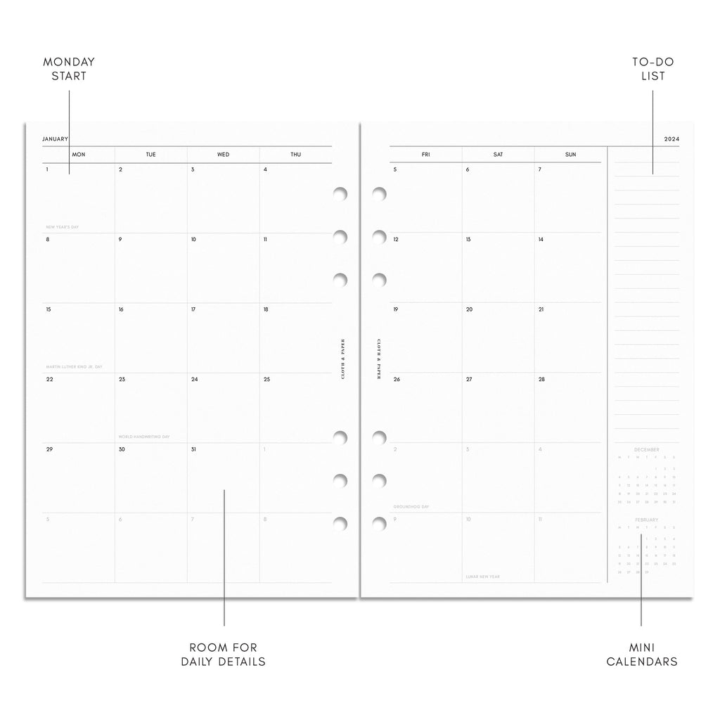 Digital mockup of 2024 Dated Planner Inserts | Vertical Weekly. Size shown is A5.