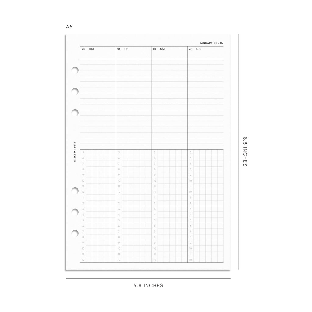 Digital mockup of 2024 Dated Planner Inserts | Weekly Schedule. Size shown is A5.