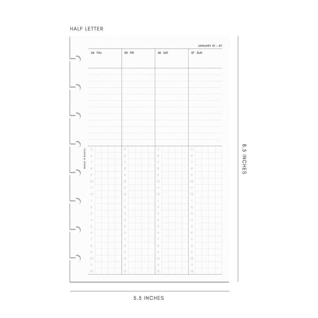 Digital mockup of 2024 Dated Planner Inserts | Weekly Schedule. Size shown is Half Letter.