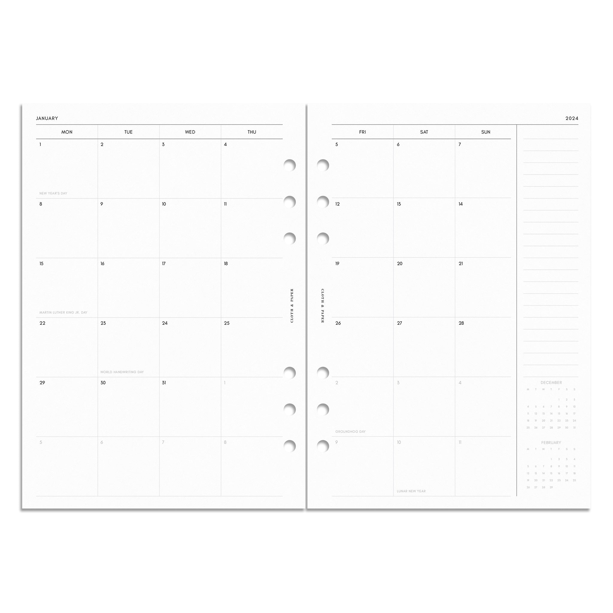 2024 Dated Planner Inserts | Monthly | Monday Start