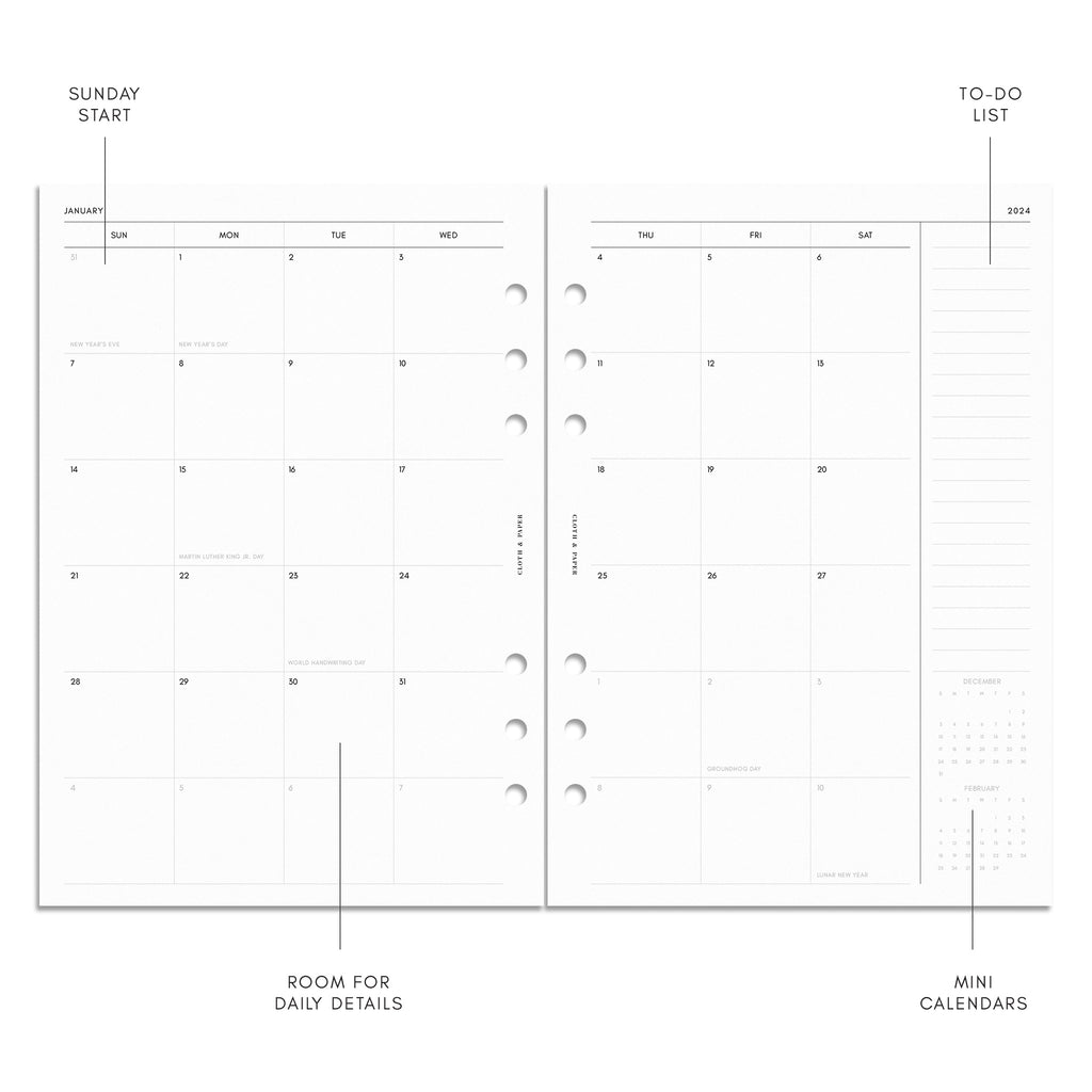 Digital mockup of monthly spread. Text highlights the mini calendar, Sunday start format, room for daily highlights, task checklist, notes spaces, and schedule planner sections.