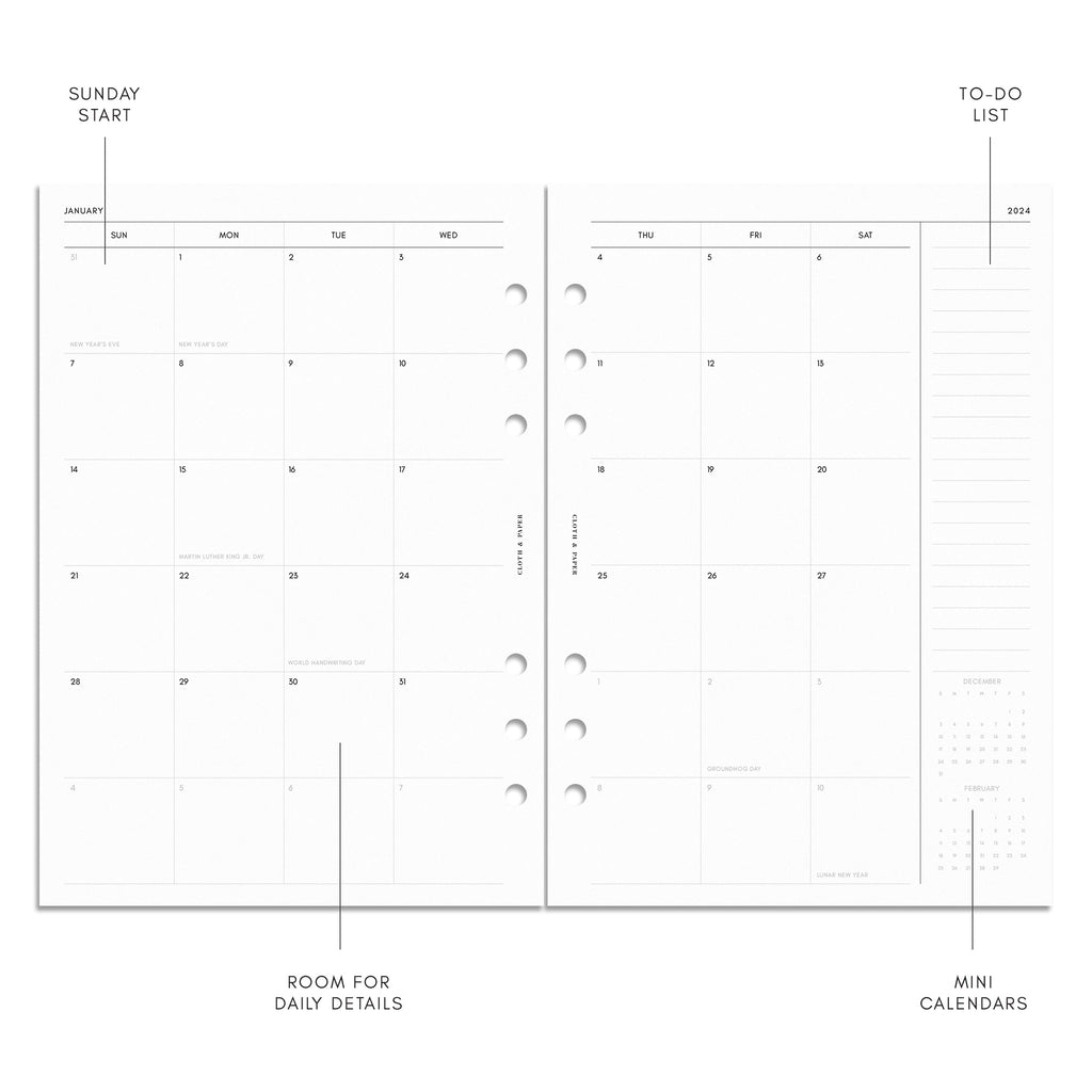 2024 Dated Planner Inserts | Monthly | Sunday Start | Cloth & Paper – CLOTH & PAPER 2024-dated-planner-inserts-monthly-sunday-start-cloth-paper-cloth-paper