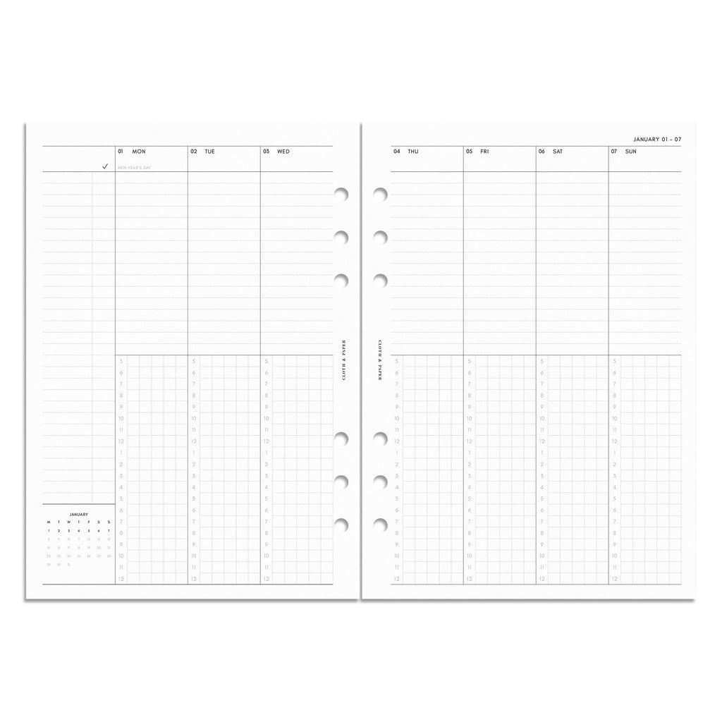 2024 Dated Planner Inserts, Weekly Schedule, Cloth and Paper. Digital mockup of inserts in A5.