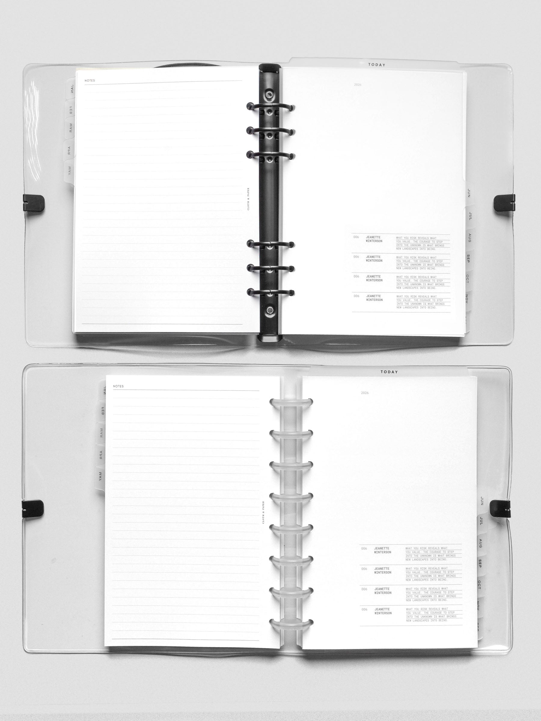 Top-down view of two open planners—A5 6-Ring (top) and Half Letter 8-Disc (bottom)—showing the 2026 dated Vertical Weekly inserts with Monday start layouts, monthly tab dividers, and lined notes pages, each secured inside a clear vinyl cover.