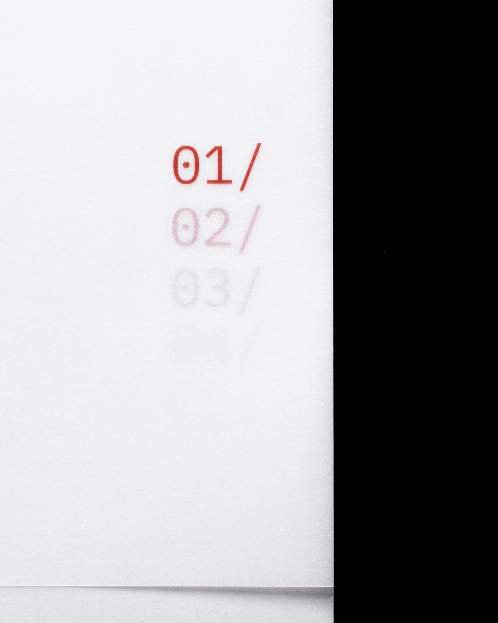 Minimalist month divider with '01/' in bold red text and faint reflections of subsequent months