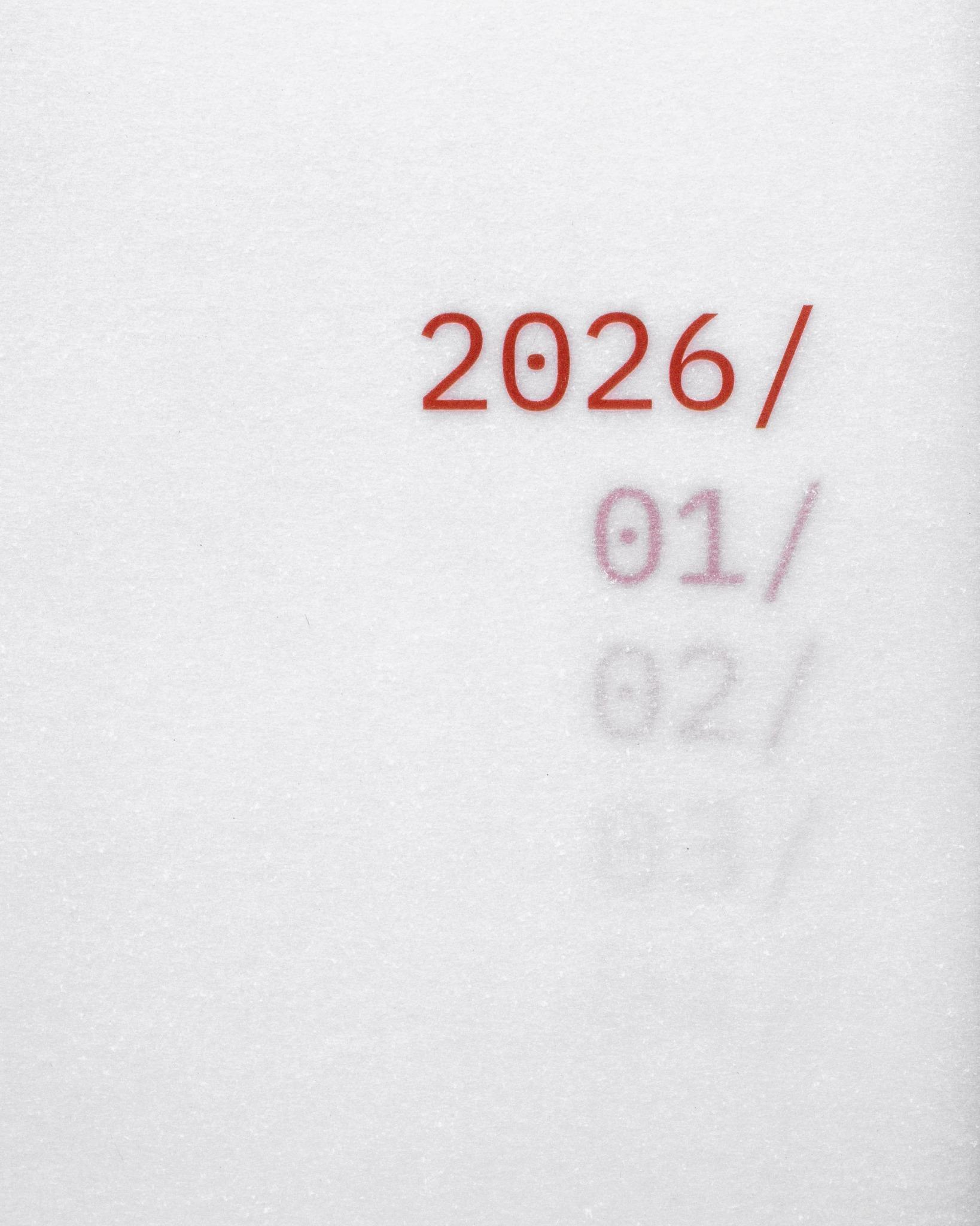 Bold red '2026/' printed above layered monthly pages including January and February on semi-transparent vellum.
