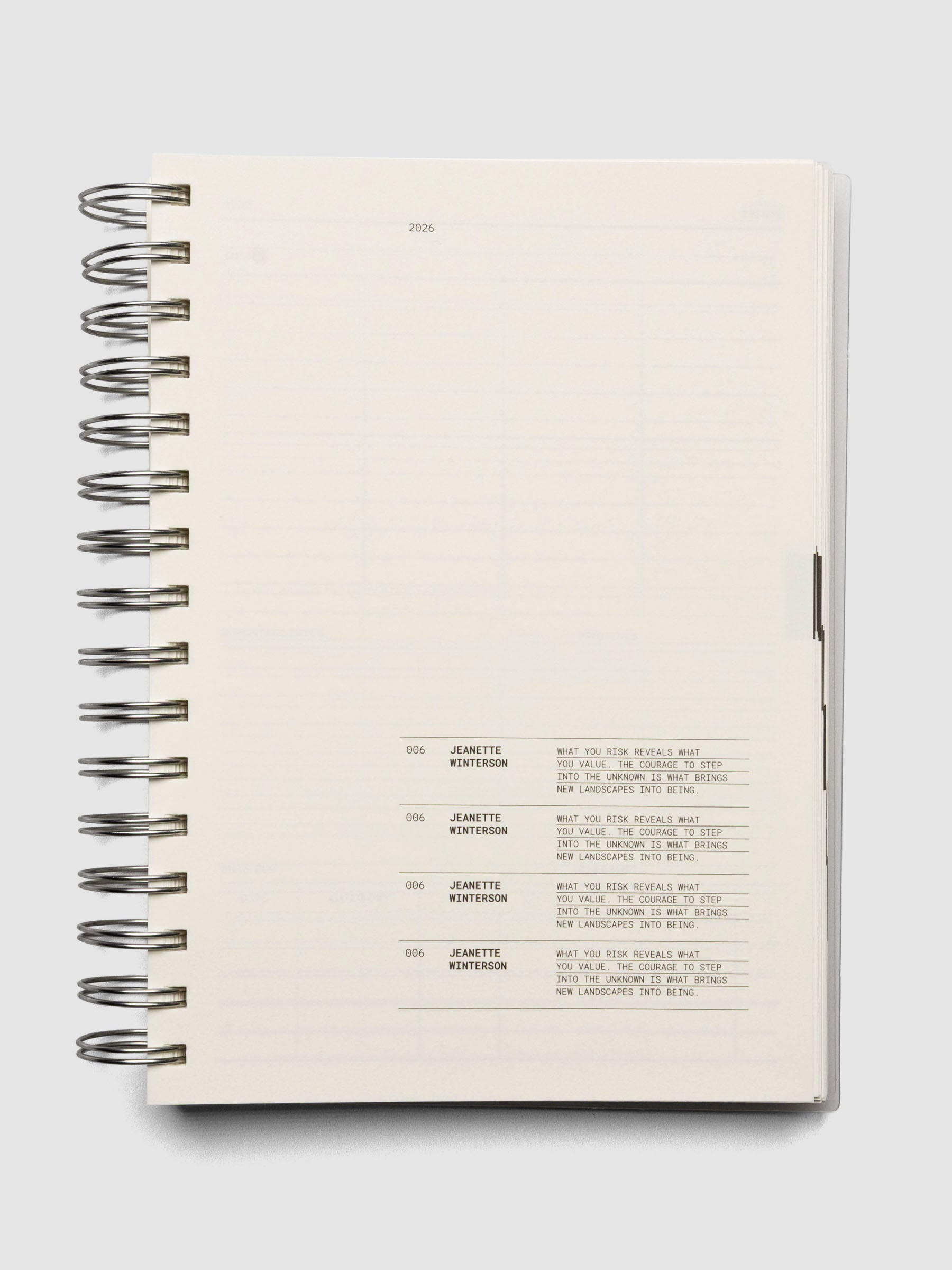 Inside of the 2026 Weekly Horizontal Notebook | Monday Start | A5 Spiral on a monthly cover page with inspirational quotes.