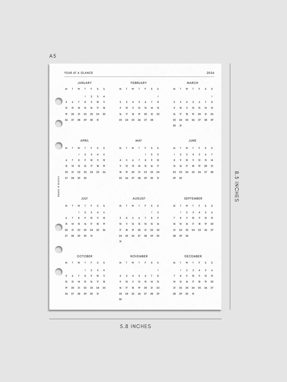 2026 Horizontal Weekly Planner Insert | Monday Start | Cloth & Paper