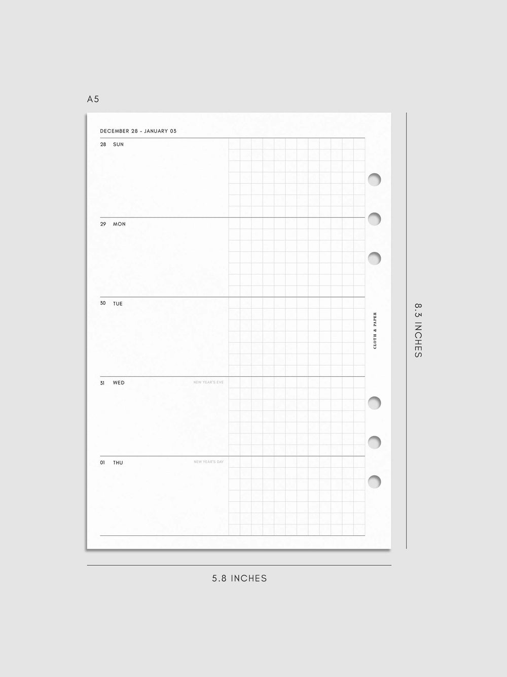 2026 Horizontal Weekly Planner Insert | Sunday Start | Cloth & Paper