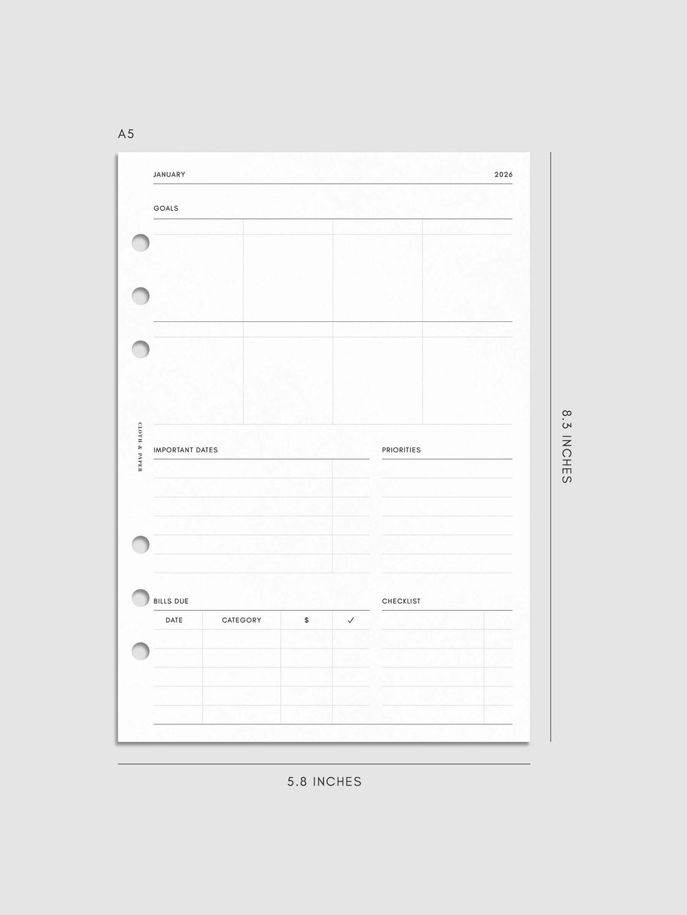 2026 Dated Monthly Planner Insert | Monday Start | Cloth & Paper