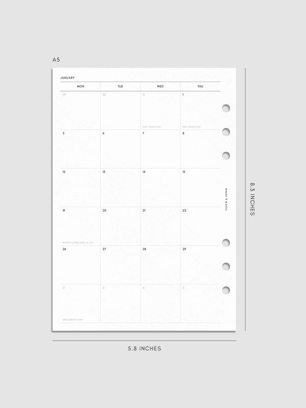 2026 Dated Monthly Planner Insert | Monday Start | Cloth & Paper