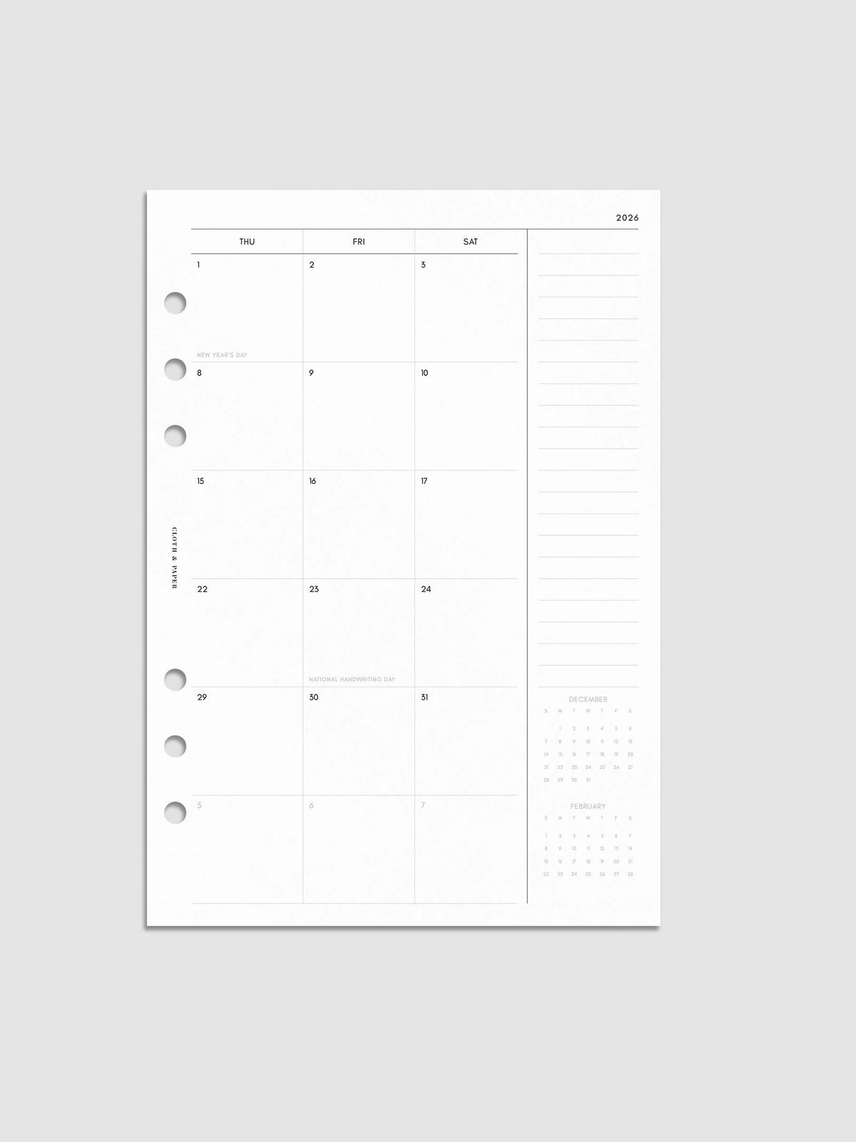 2026 Dated Monthly Planner Insert | Sunday Start | Cloth & Paper