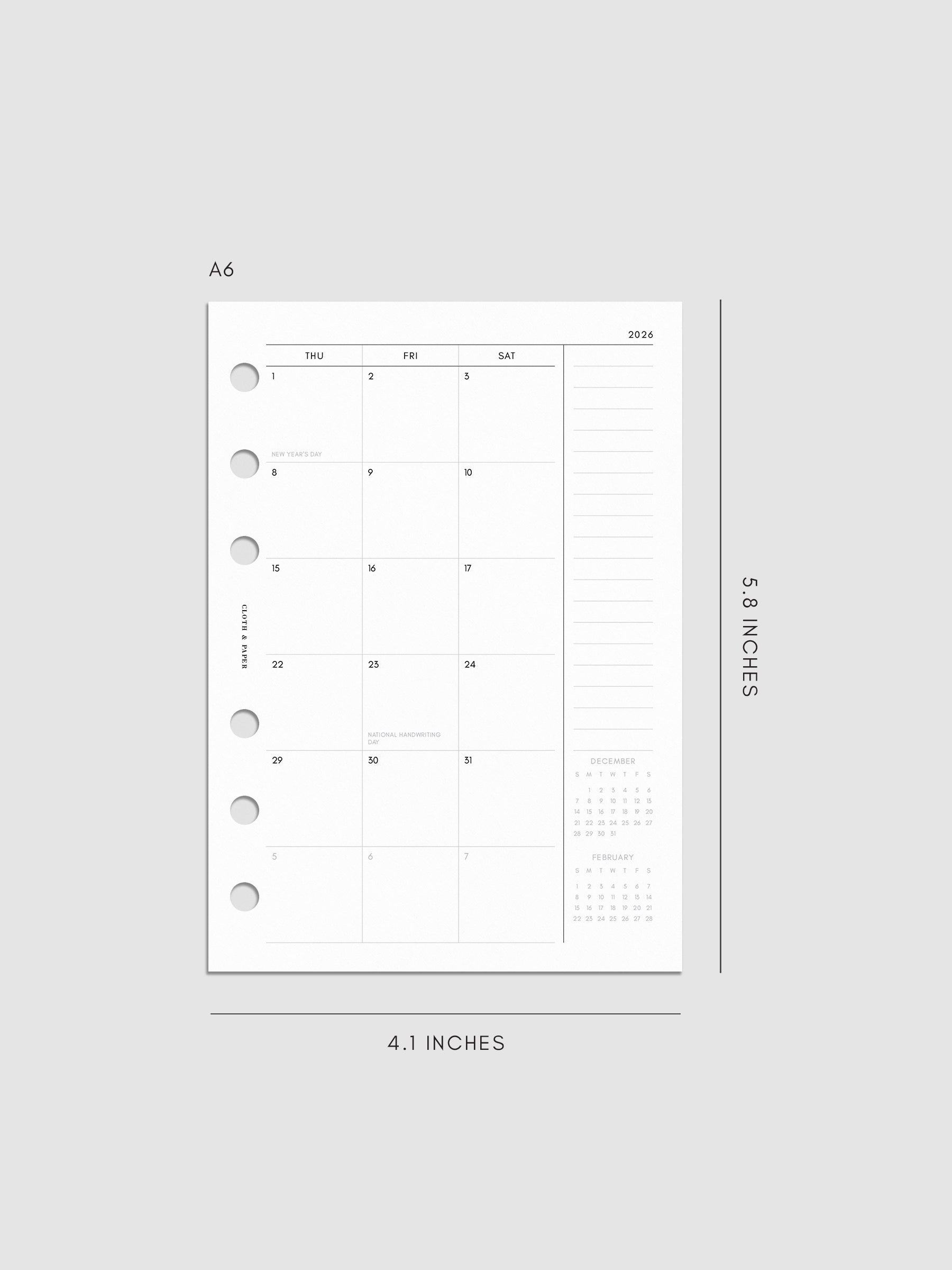 Digital mock-up of the monthly spread in A6.
