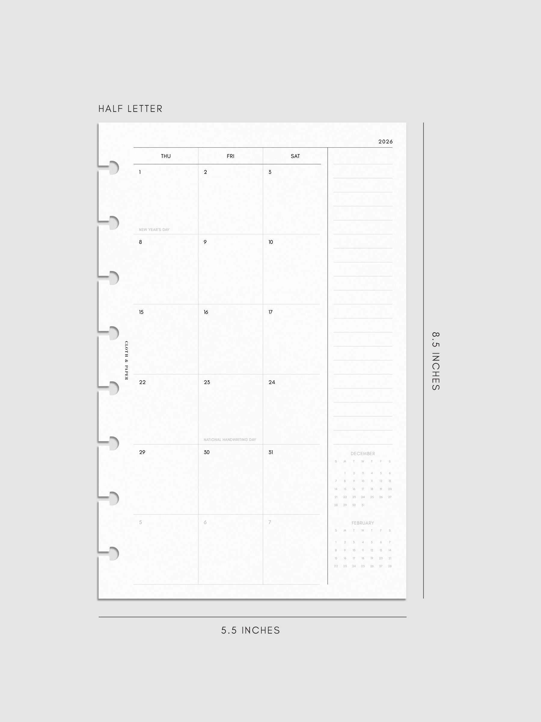 Digital mock-up of the monthly spread in Half Letter.